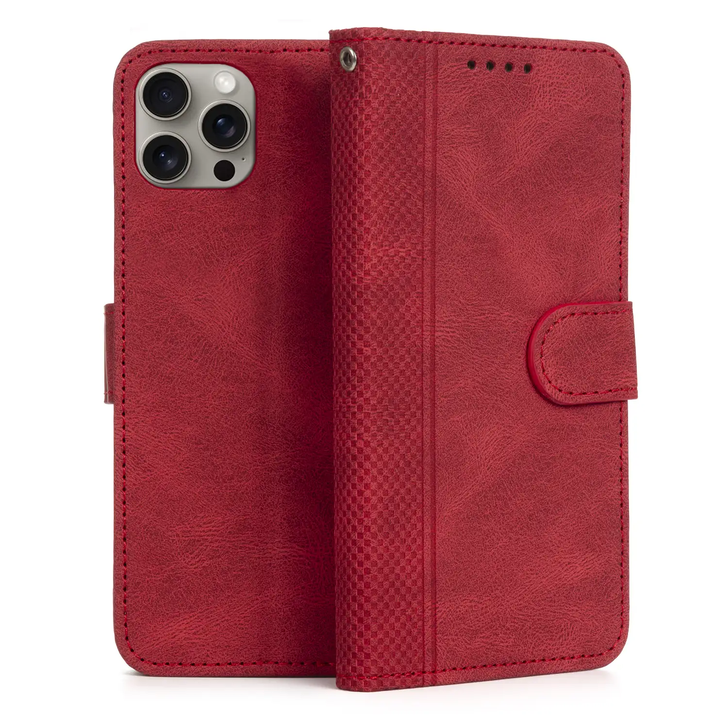 Funda antigolpes tipo libro simil piel para iPhone 13 Pro. Tarjetero interior, muñequera extraíble.