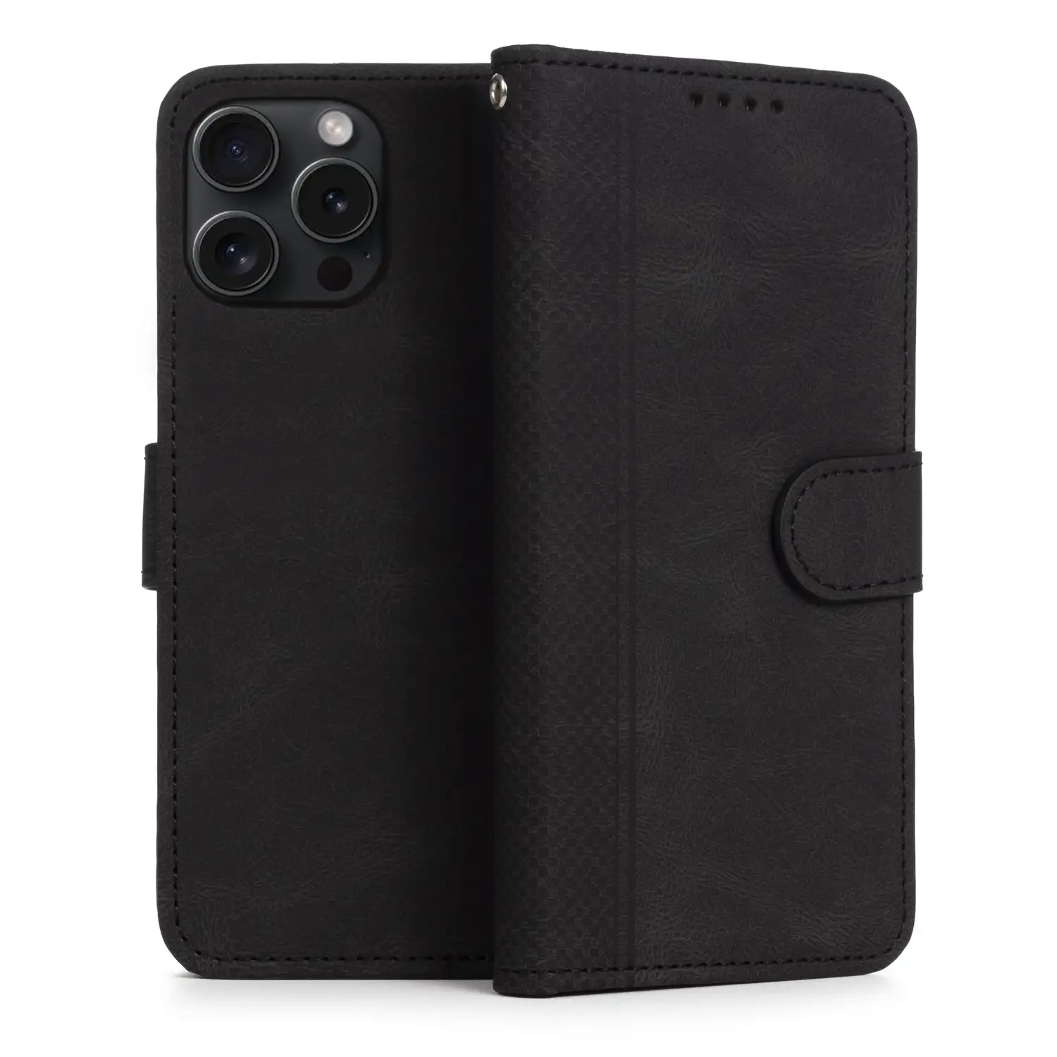 Funda antigolpes tipo libro simil piel para iPhone 13 Pro Max. Tarjetero interior, muñequera extraíble.