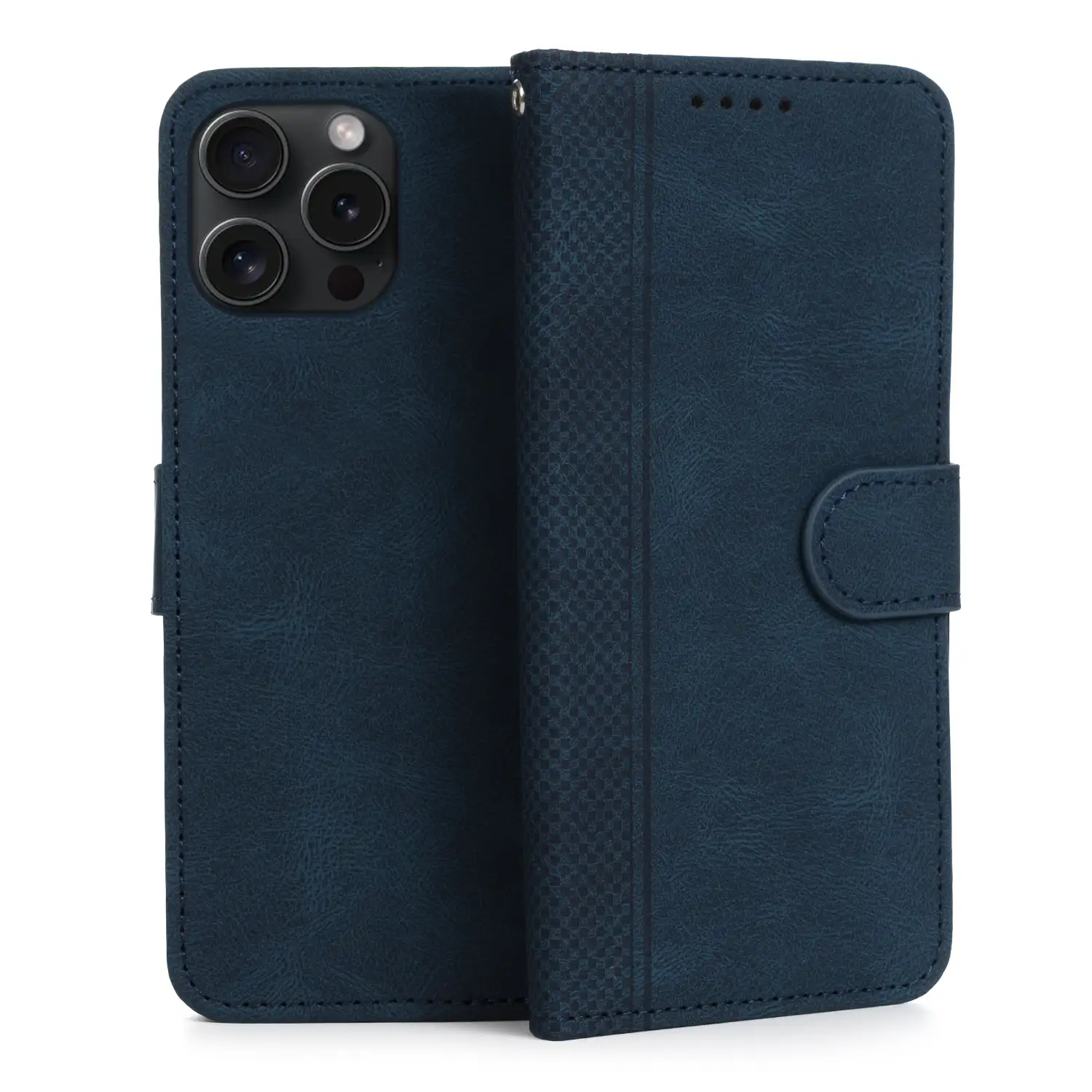 Funda antigolpes tipo libro simil piel para iPhone 13 Pro Max. Tarjetero interior, muñequera extraíble.