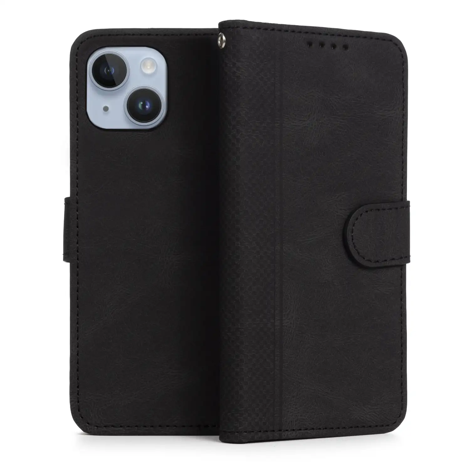 Funda antigolpes tipo libro simil piel para iPhone 13 / 14. Tarjetero interior, muñequera extraíble.