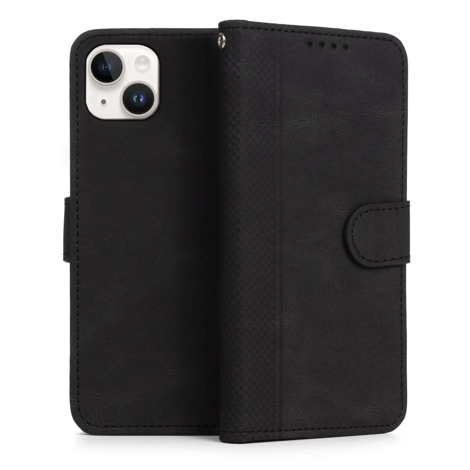 Funda antigolpes tipo libro simil piel para iPhone 14 Plus. Tarjetero interior, muñequera extraíble.
