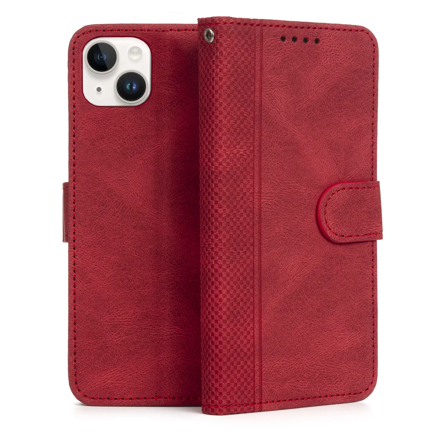 Funda antigolpes tipo libro simil piel para iPhone 14 Plus. Tarjetero interior, muñequera extraíble.