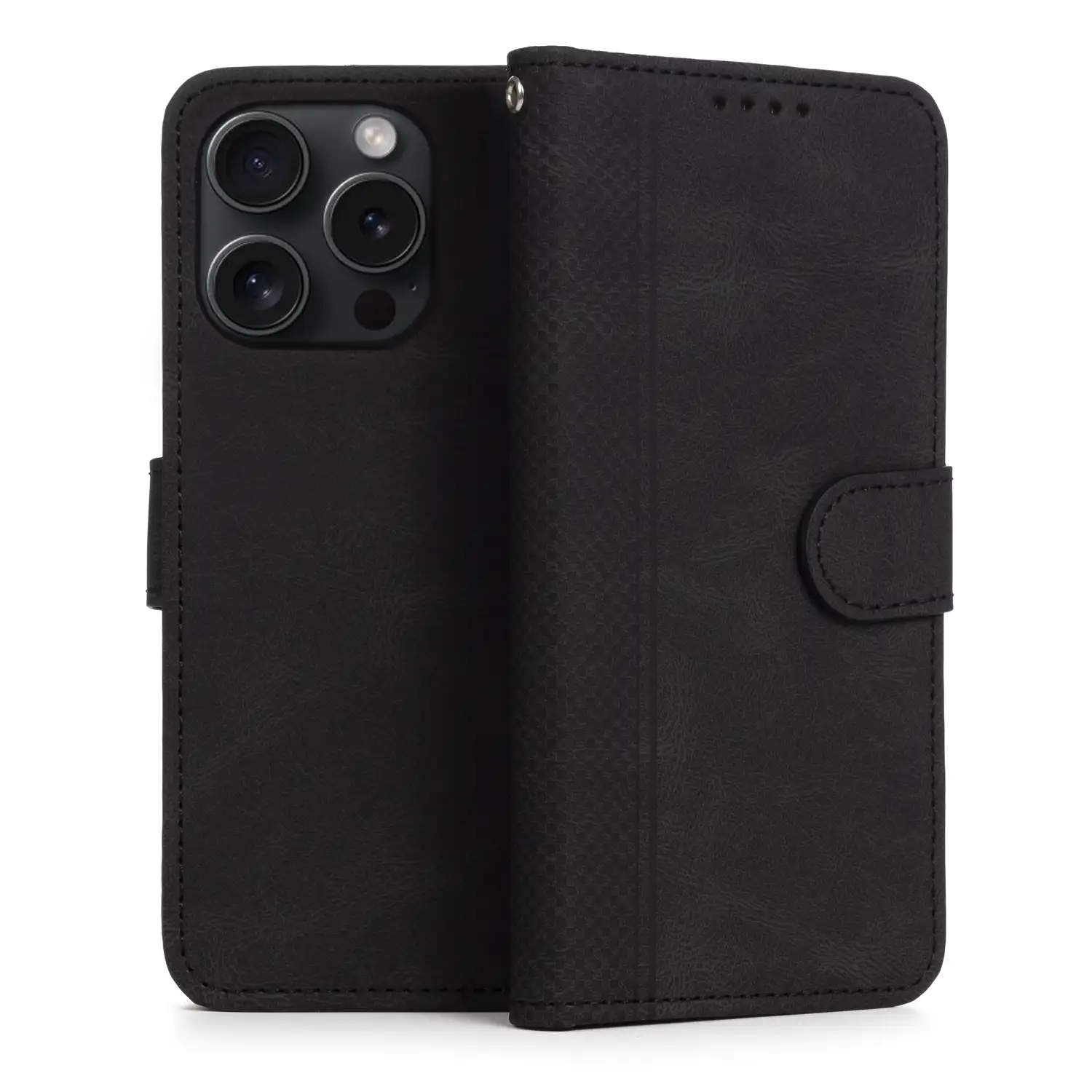 Funda antigolpes tipo libro simil piel para iPhone 14 Pro. Tarjetero interior, muñequera extraíble.