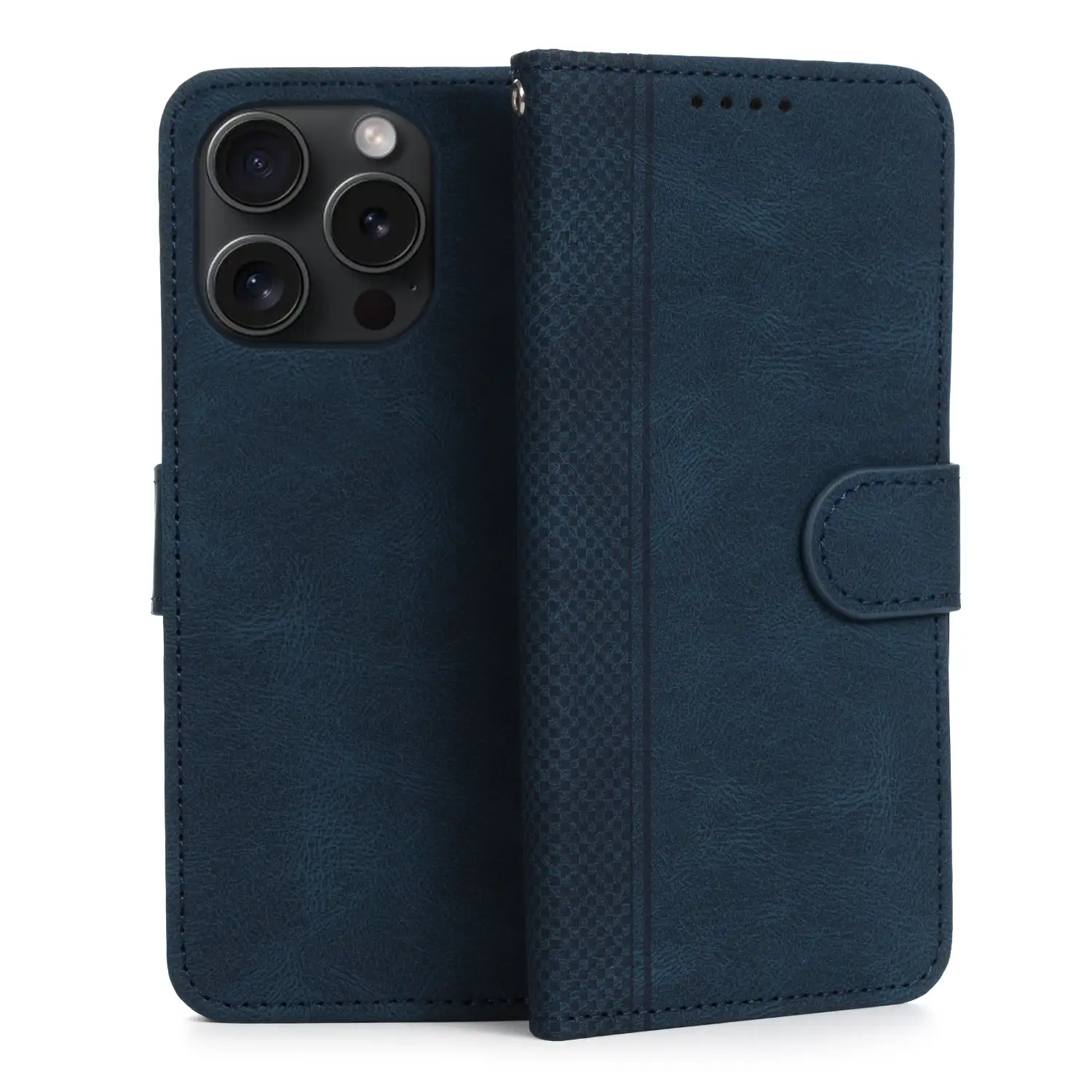 Funda antigolpes tipo libro simil piel para iPhone 14 Pro. Tarjetero interior, muñequera extraíble.