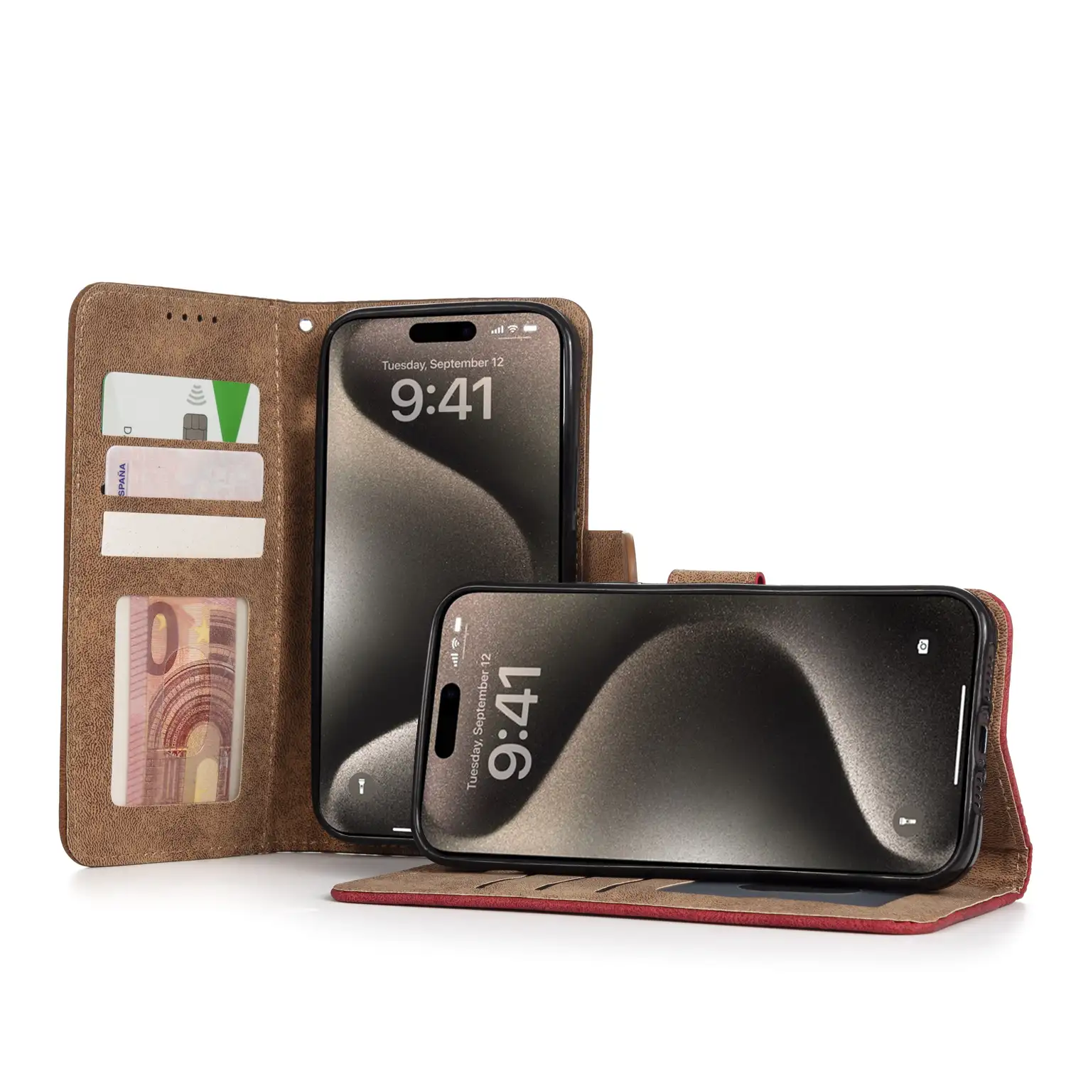 Funda antigolpes tipo libro simil piel para iPhone 14 Pro. Tarjetero interior, muñequera extraíble.