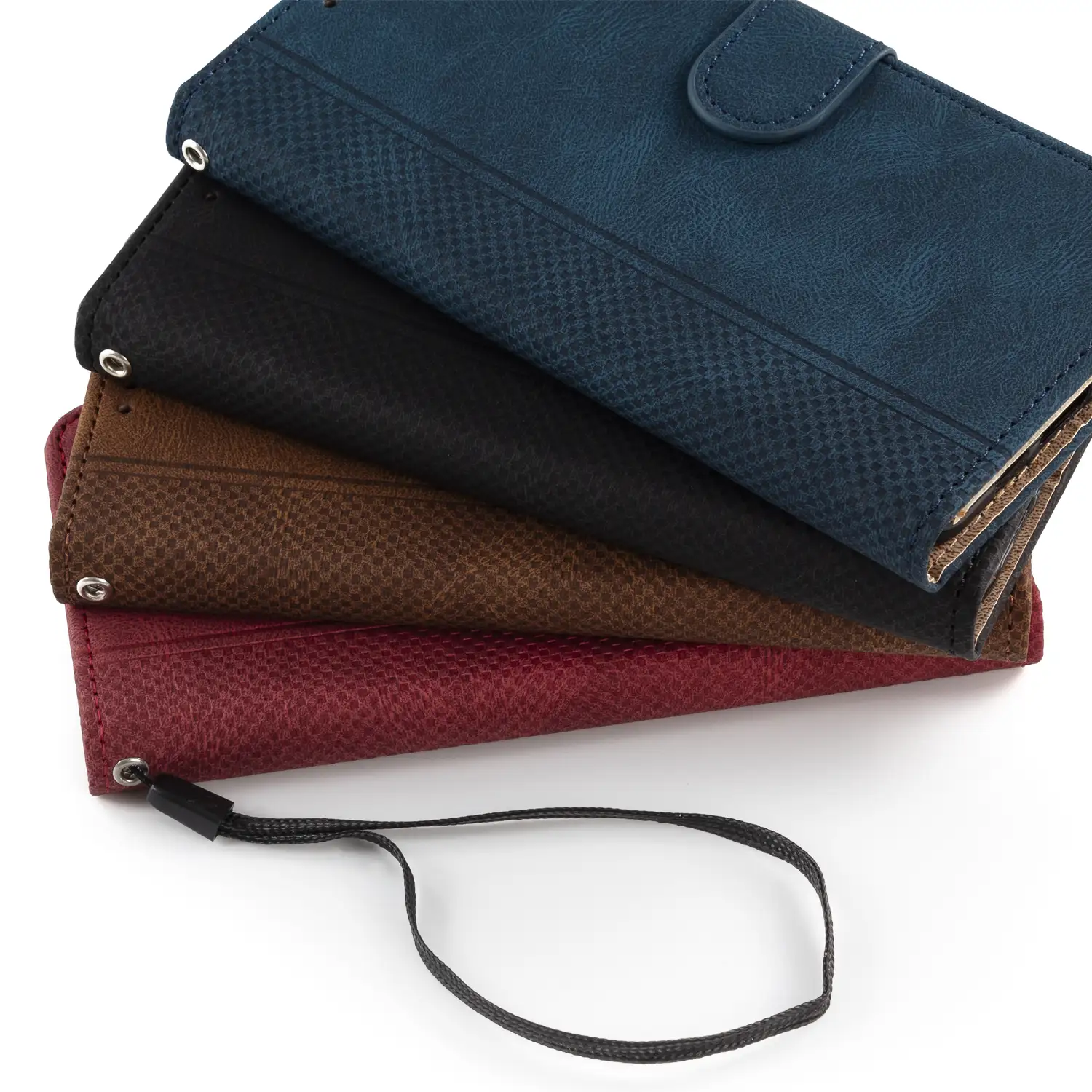 Funda antigolpes tipo libro simil piel para iPhone 14 Pro. Tarjetero interior, muñequera extraíble.