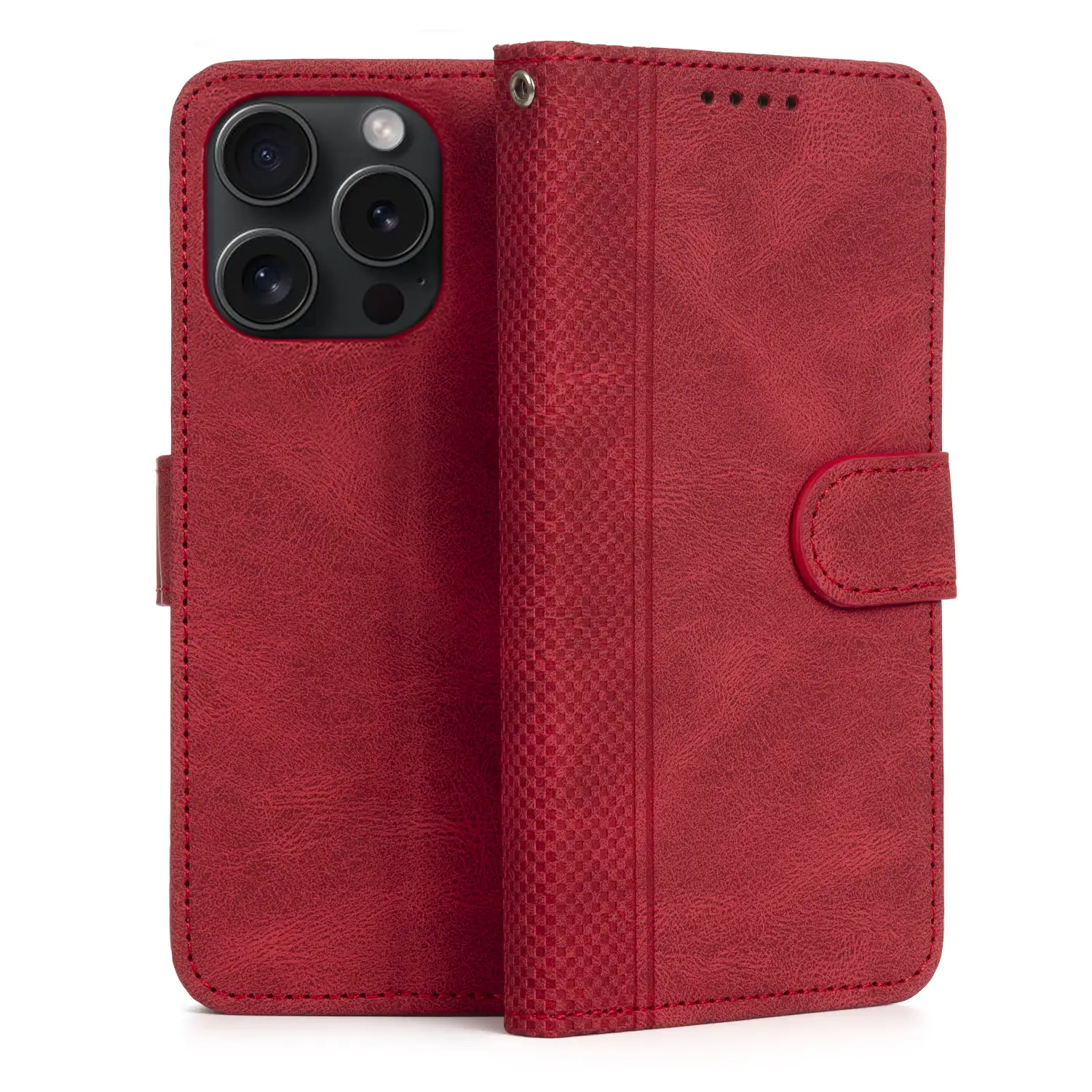 Funda antigolpes tipo libro simil piel para iPhone 14 Pro. Tarjetero interior, muñequera extraíble.