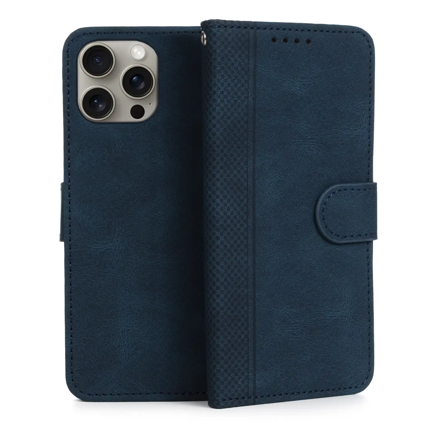 Funda antigolpes tipo libro simil piel para iPhone 14 Pro Max. Tarjetero interior, muñequera extraíble.