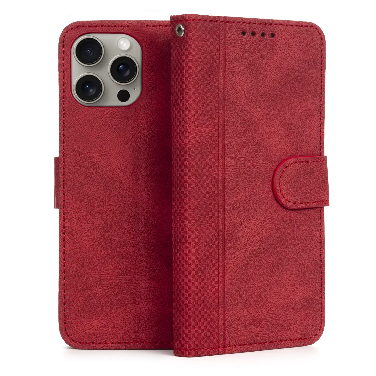 Funda antigolpes tipo libro simil piel para iPhone 14 Pro Max. Tarjetero interior, muñequera extraíble.
