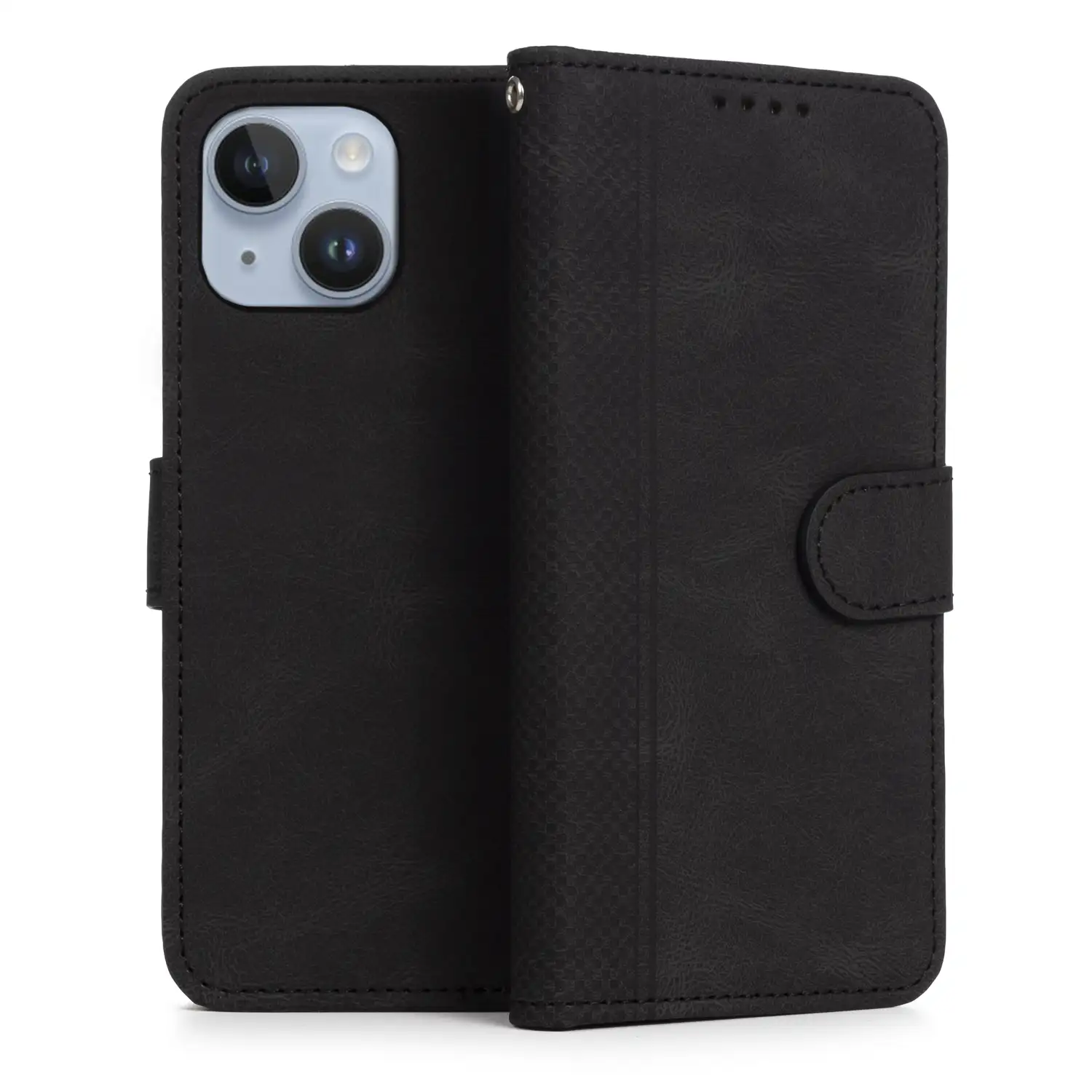 Funda antigolpes tipo libro simil piel para iPhone 15. Tarjetero interior, muñequera extraíble.