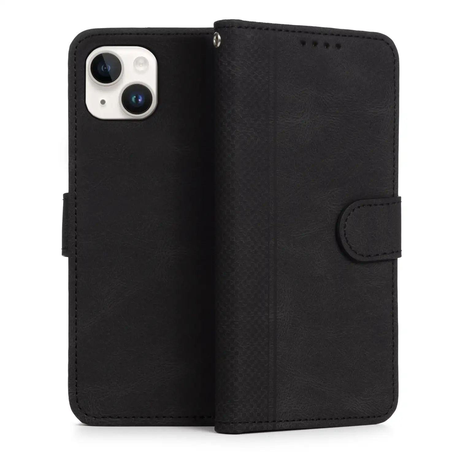 Funda antigolpes tipo libro simil piel para iPhone 15 Plus. Tarjetero interior, muñequera extraíble.