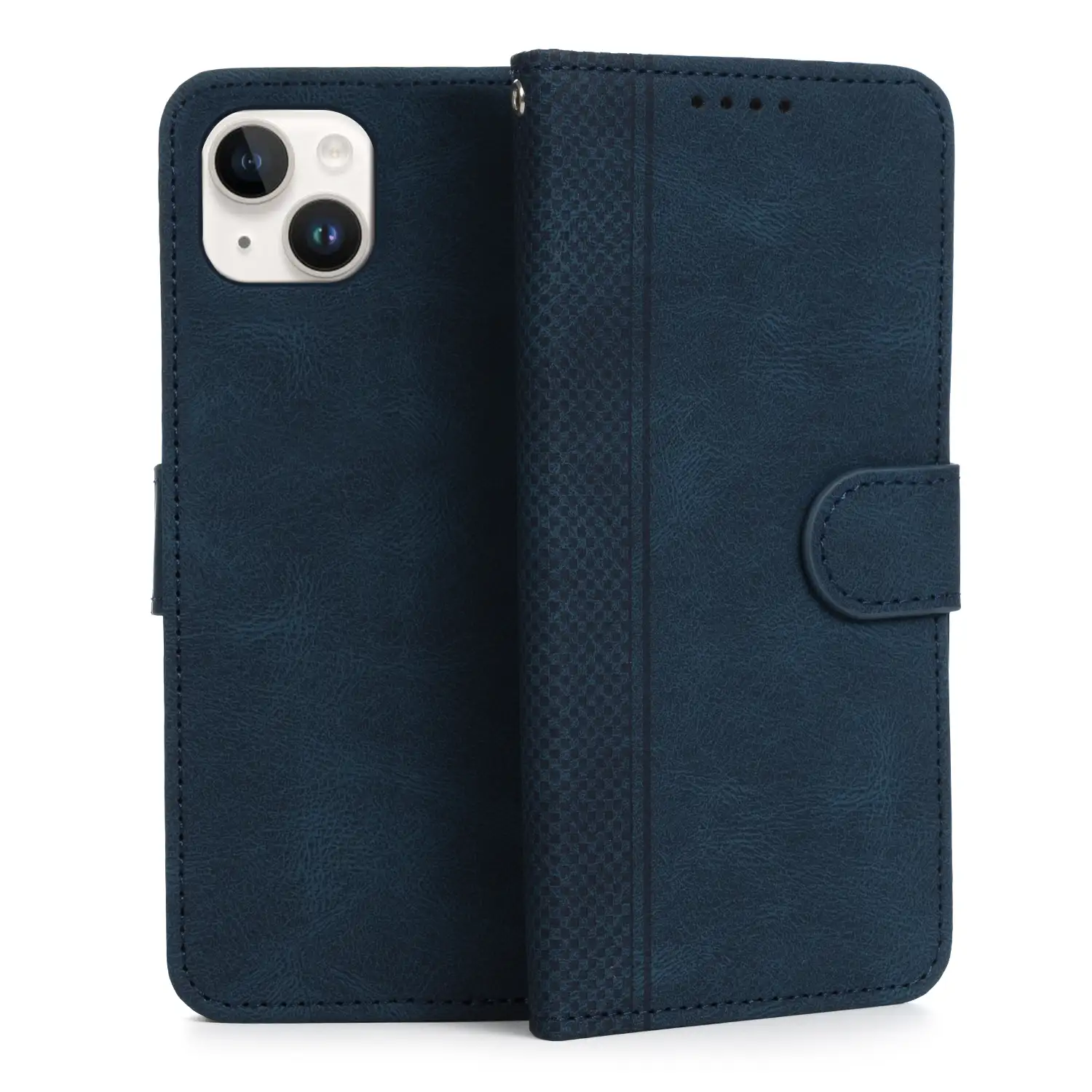 Funda antigolpes tipo libro simil piel para iPhone 15 Plus. Tarjetero interior, muñequera extraíble.