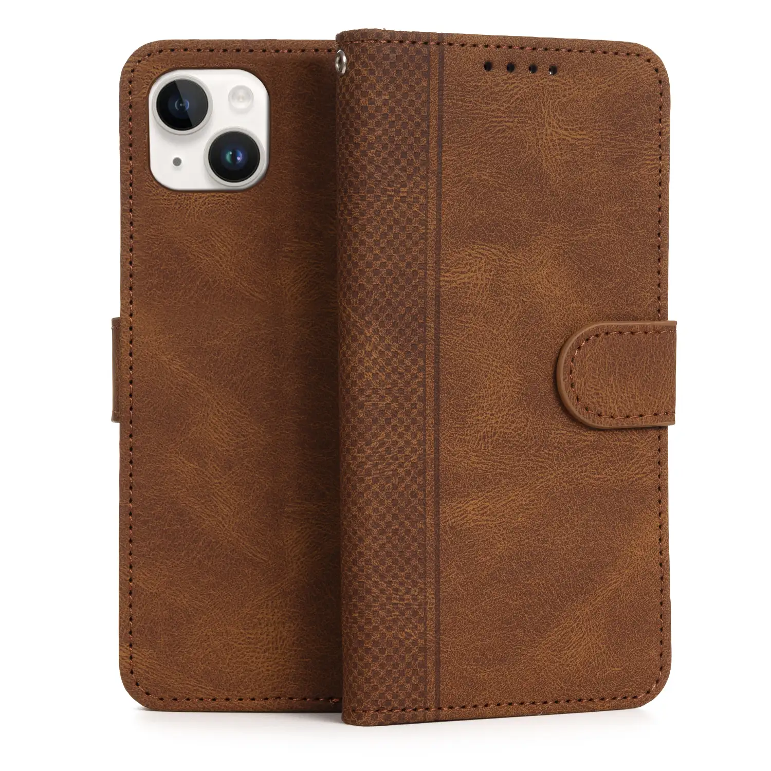 Funda antigolpes tipo libro simil piel para iPhone 15 Plus. Tarjetero interior, muñequera extraíble.