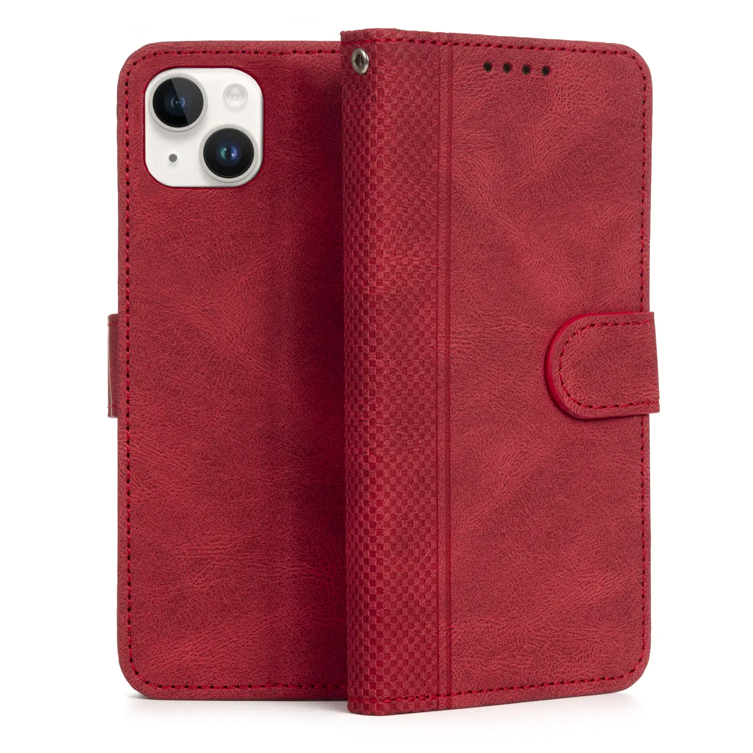 Funda antigolpes tipo libro simil piel para iPhone 15 Plus. Tarjetero interior, muñequera extraíble.