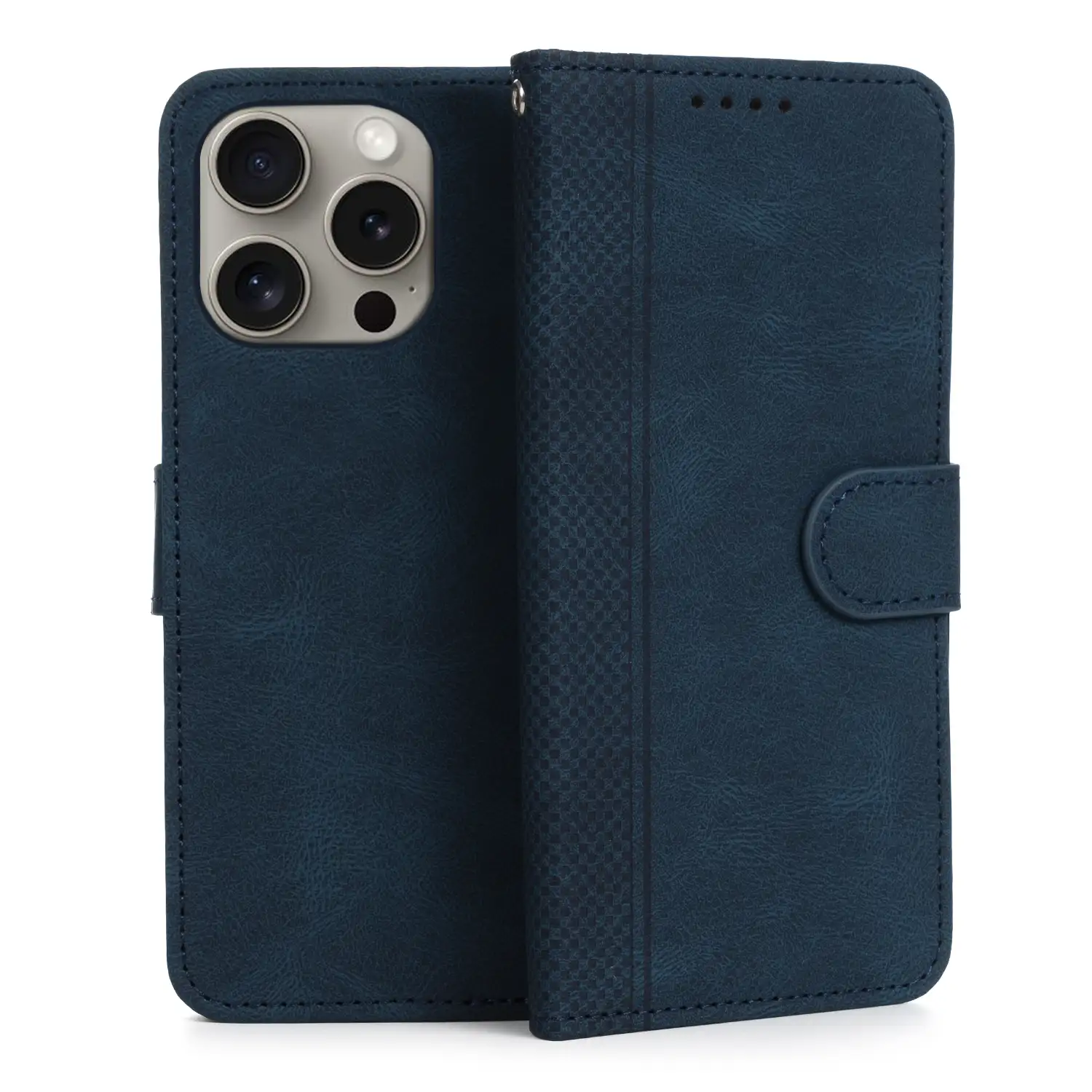 Funda antigolpes tipo libro simil piel para iPhone 15 Pro. Tarjetero interior, muñequera extraíble.