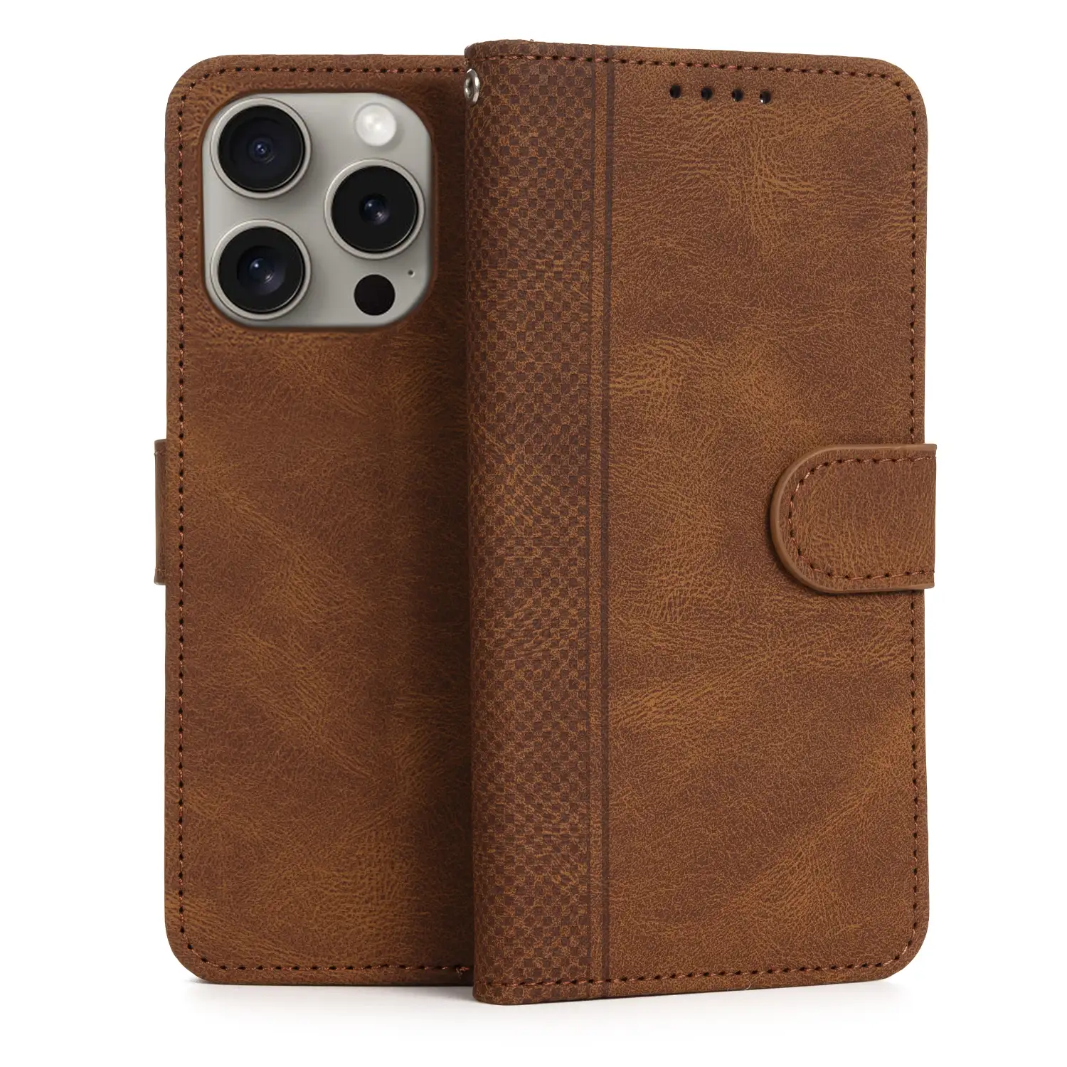 Funda antigolpes tipo libro simil piel para iPhone 15 Pro. Tarjetero interior, muñequera extraíble.