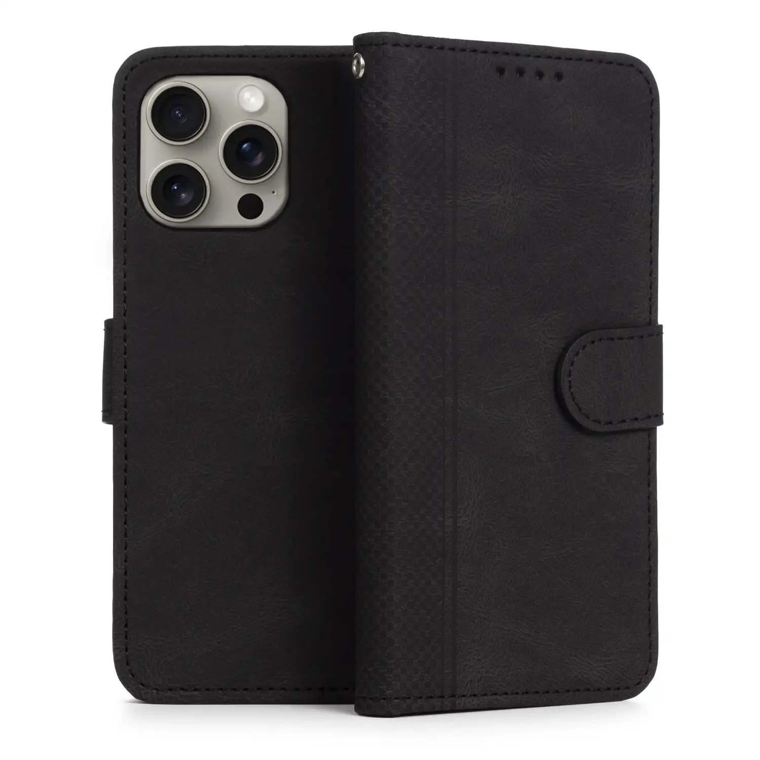Funda antigolpes tipo libro simil piel para iPhone 15 Pro Max. Tarjetero interior, muñequera extraíble.