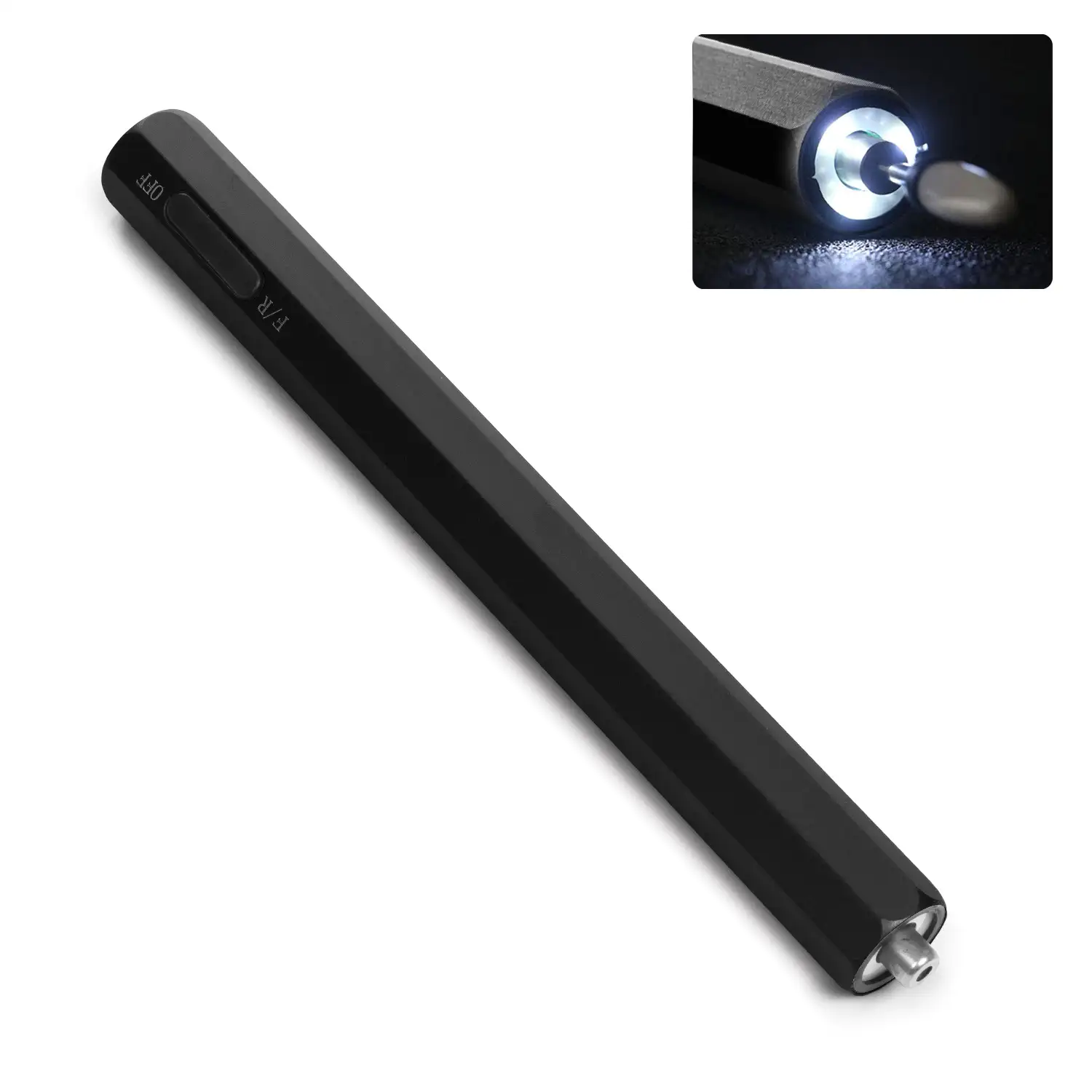 Mini lápiz pulidor de uñas. Cuerpo metálico, luz LED, selector de dirección de giro. Batería recargable.