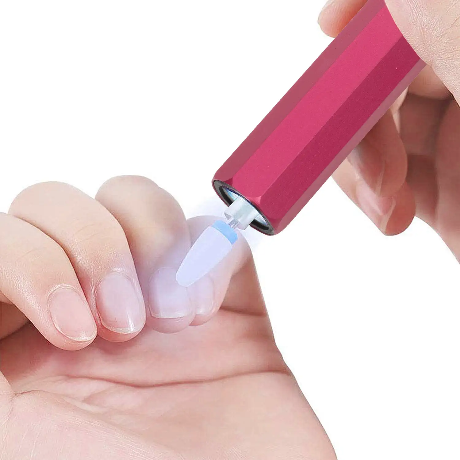 Mini lápiz pulidor de uñas. Cuerpo metálico, luz LED, selector de dirección de giro. Batería recargable.
