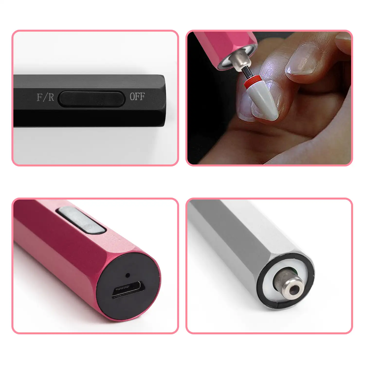Mini lápiz pulidor de uñas. Cuerpo metálico, luz LED, selector de dirección de giro. Batería recargable.