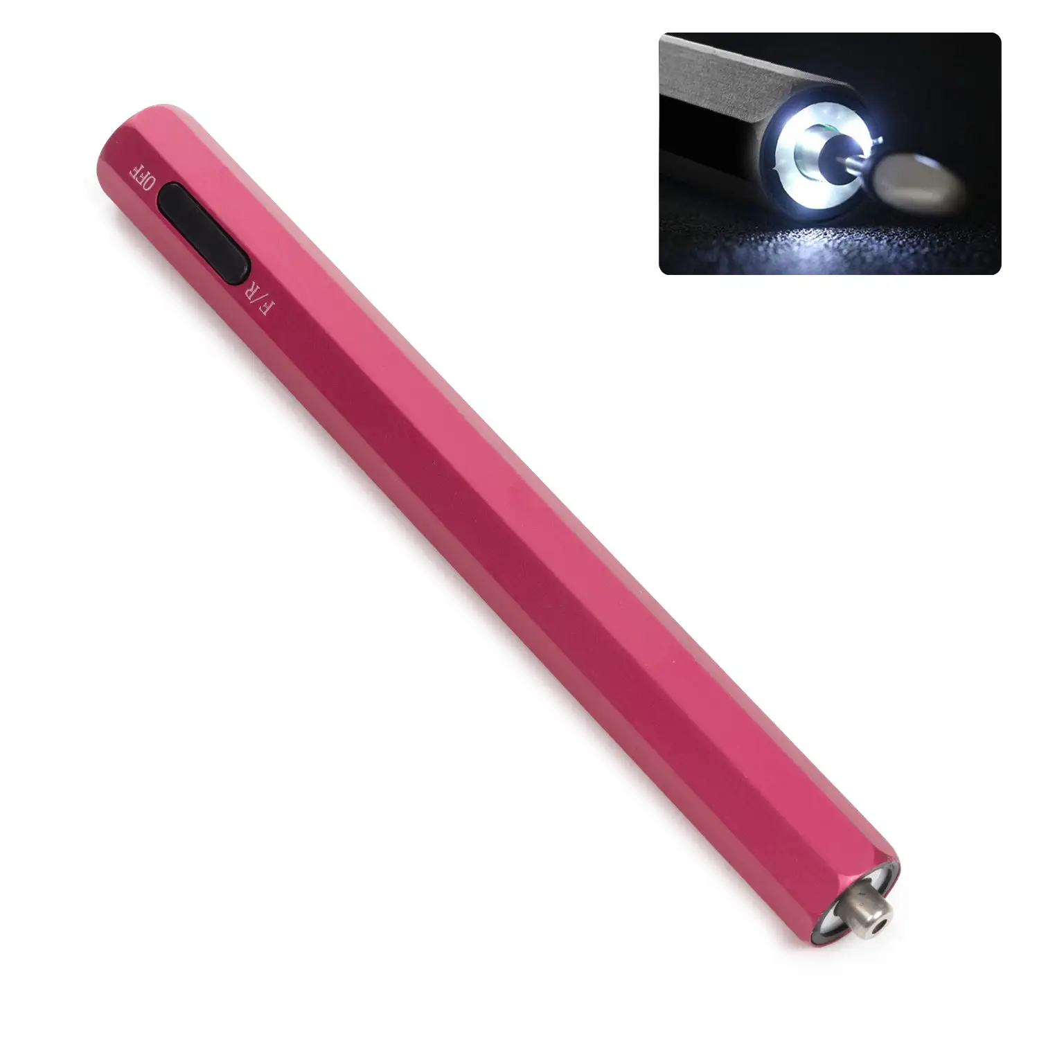 Mini lápiz pulidor de uñas. Cuerpo metálico, luz LED, selector de dirección de giro. Batería recargable.