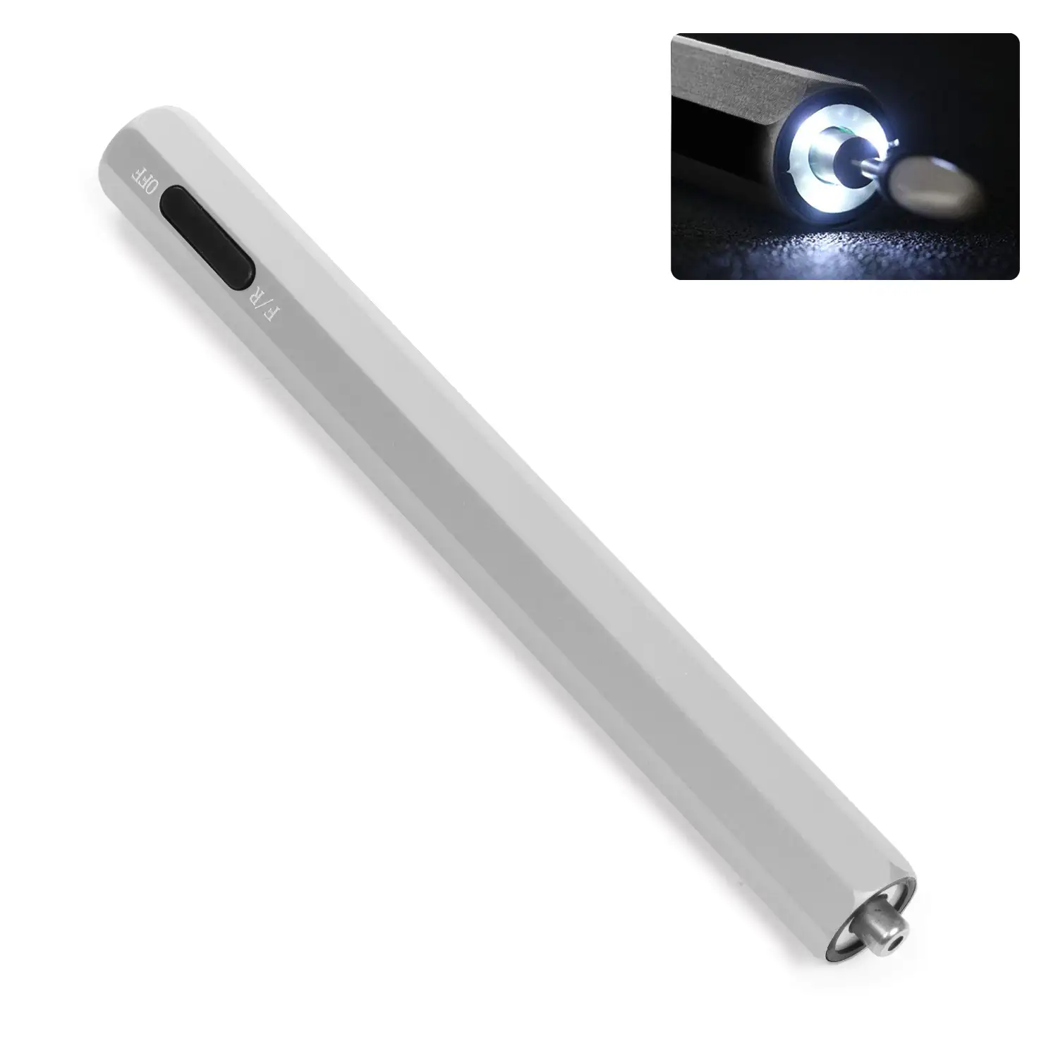 Mini lápiz pulidor de uñas. Cuerpo metálico, luz LED, selector de dirección de giro. Batería recargable.