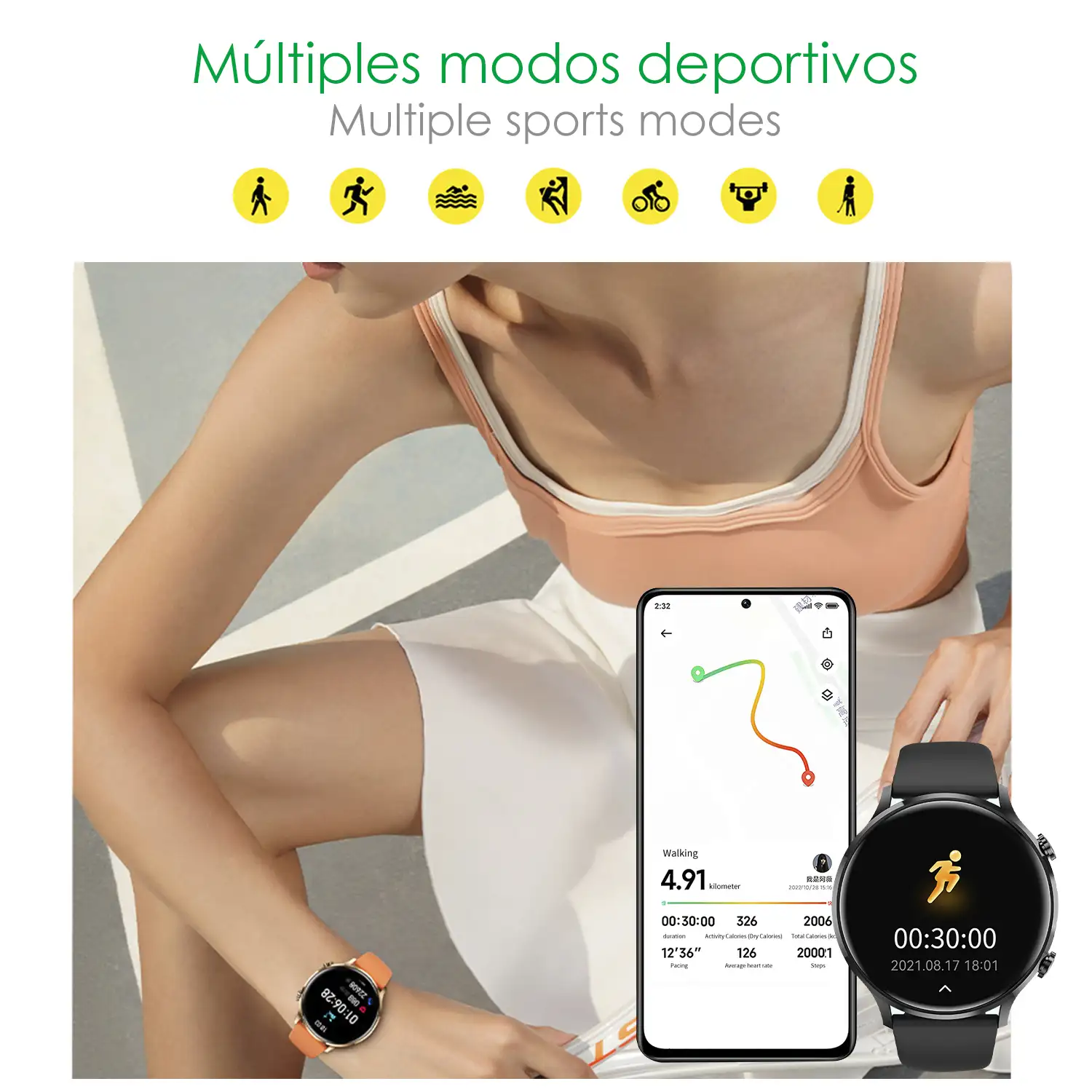 Smartwatch QS40 con llamadas Bluetooth, notificaciones push. Múltiples modos deportivos, monitores de salud.