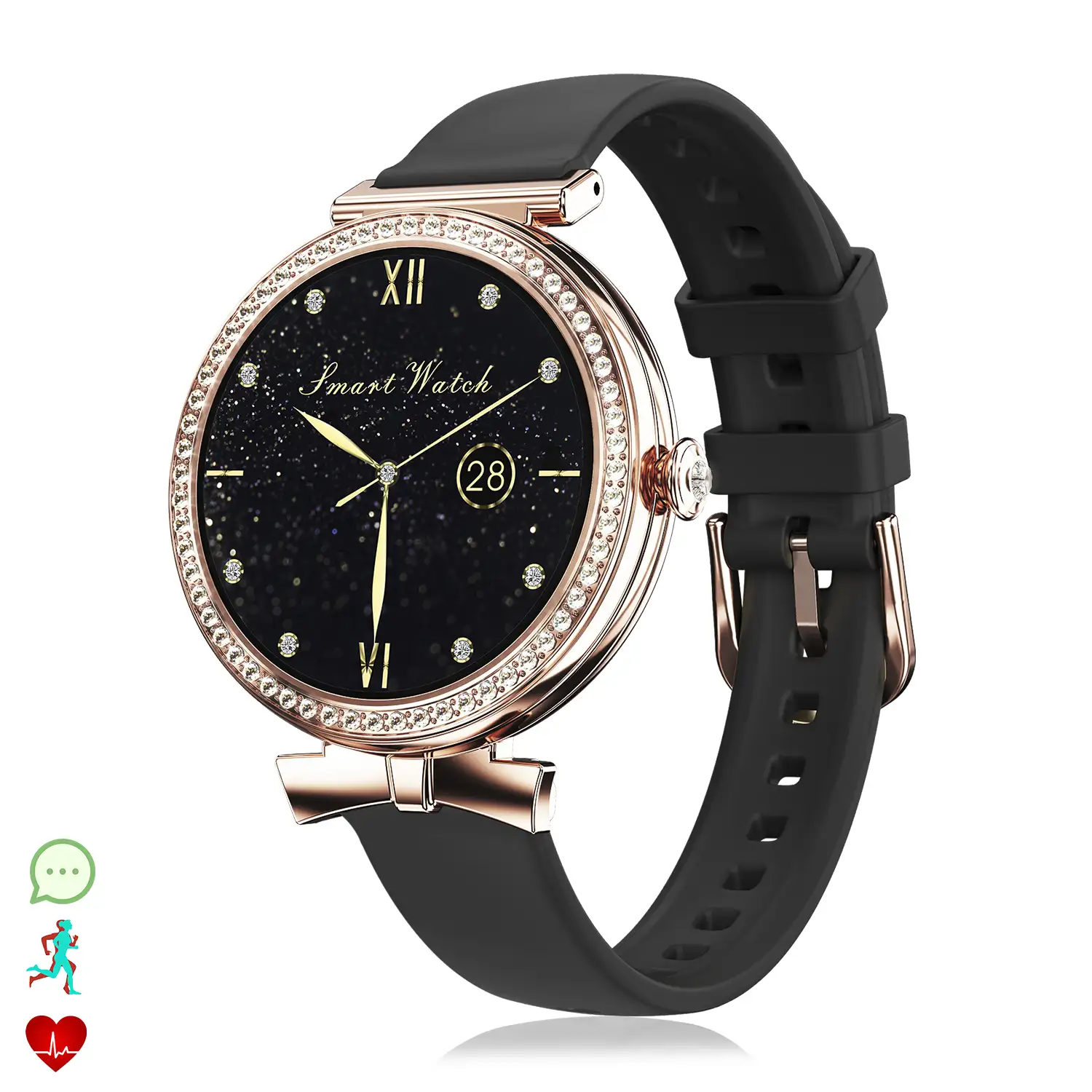 Smartwatch QS01 compacto y elegante. Llamadas BT, notificaciones push. Monitor de salud, ciclos femeninos. Modos deportivos.