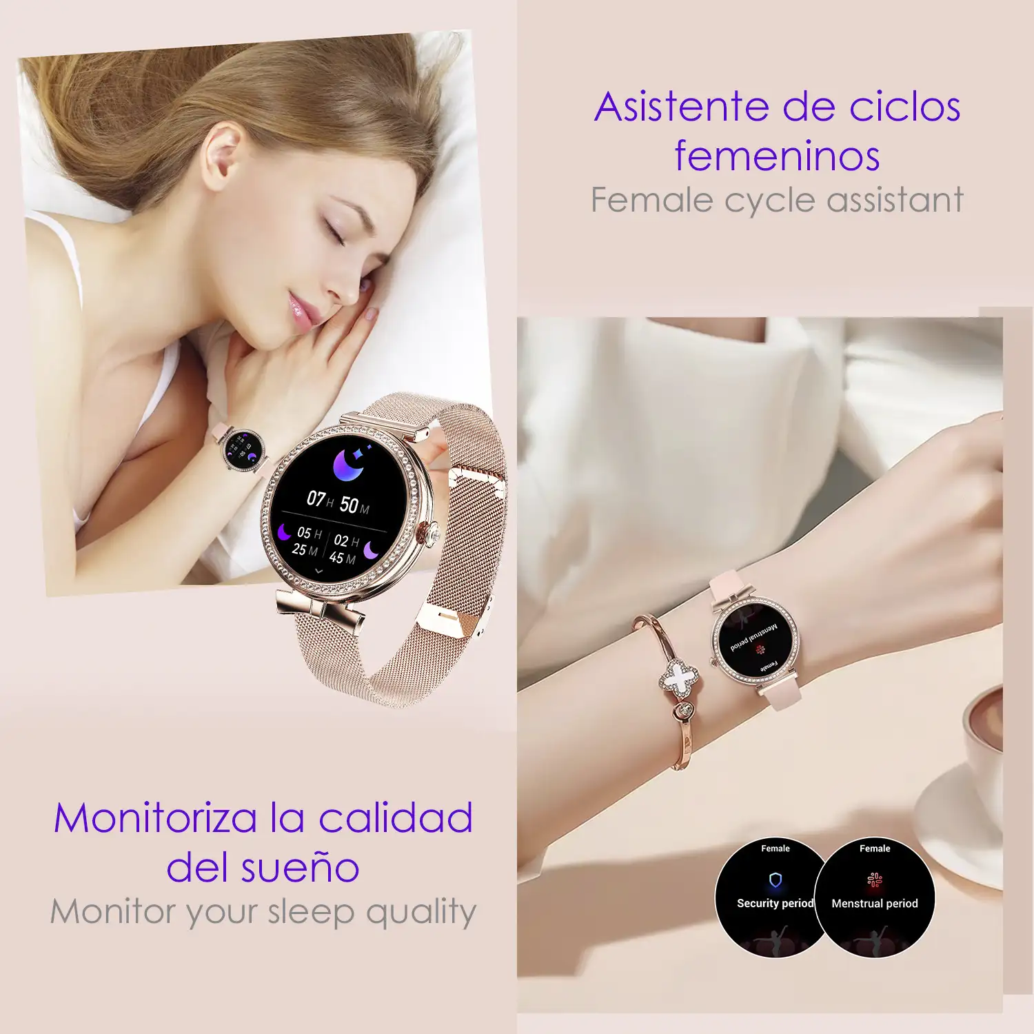 Smartwatch QS01 compacto y elegante. Llamadas BT, notificaciones push. Monitor de salud, ciclos femeninos. Modos deportivos.