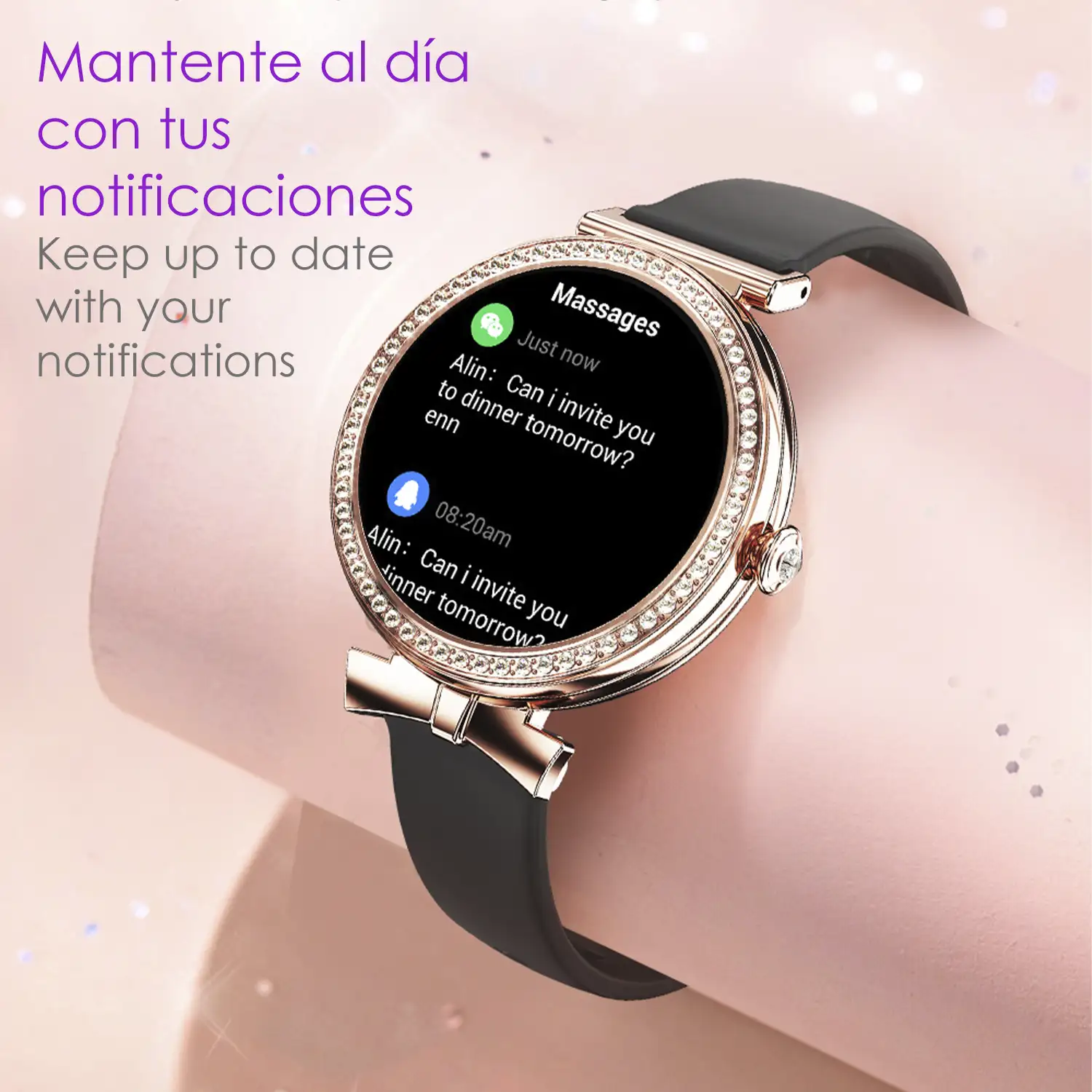 Smartwatch QS01 compacto y elegante. Llamadas BT, notificaciones push. Monitor de salud, ciclos femeninos. Modos deportivos.