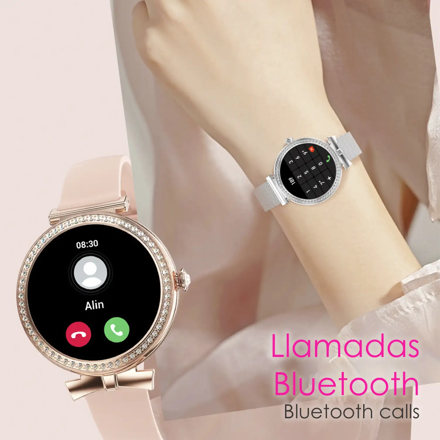 Smartwatch QS01 compacto y elegante. Llamadas BT, notificaciones push. Monitor de salud, ciclos femeninos. Modos deportivos.