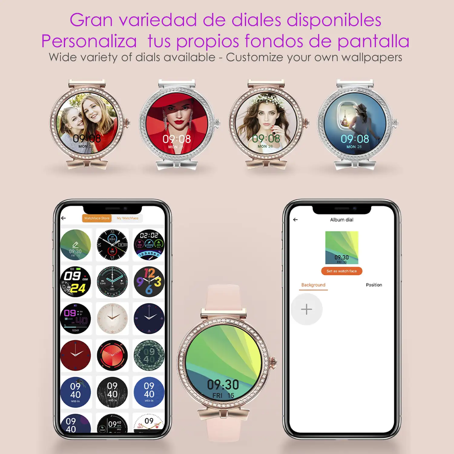 Smartwatch QS01 compacto y elegante. Llamadas BT, notificaciones push. Monitor de salud, ciclos femeninos. Modos deportivos.