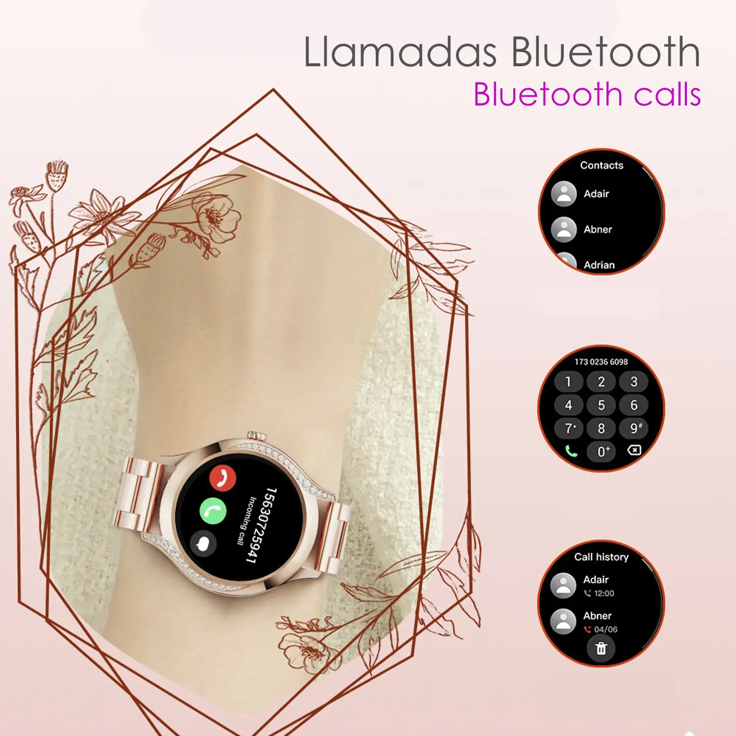 Smartwatch T214 compacto y elegante. Llamadas BT, notificaciones push. Monitor de salud, ciclos femeninos. Modos deportivos.