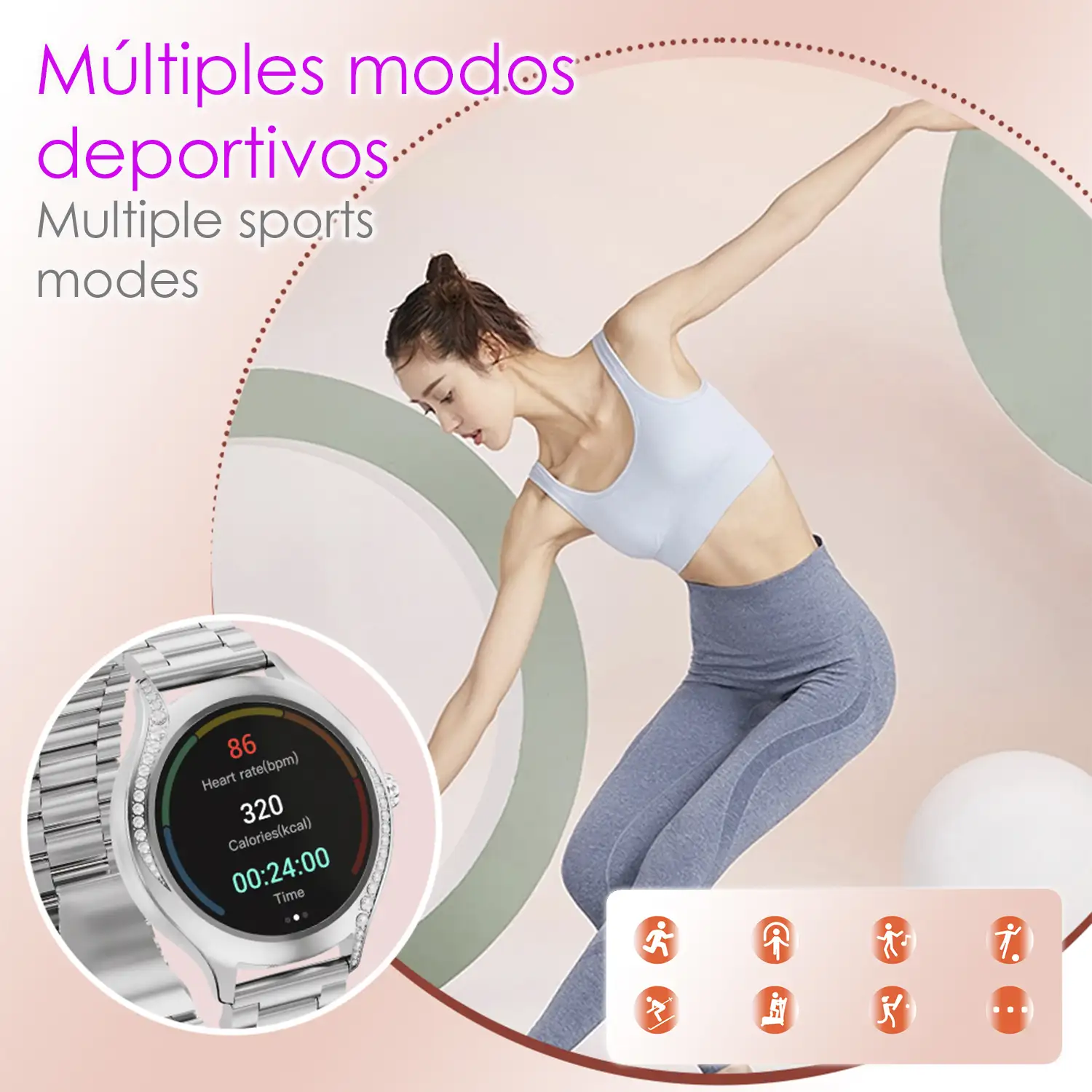 Smartwatch T214 compacto y elegante. Llamadas BT, notificaciones push. Monitor de salud, ciclos femeninos. Modos deportivos.