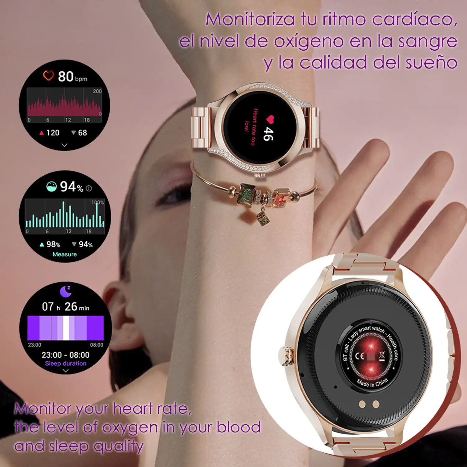 Smartwatch T214 compacto y elegante. Llamadas BT, notificaciones push. Monitor de salud, ciclos femeninos. Modos deportivos.