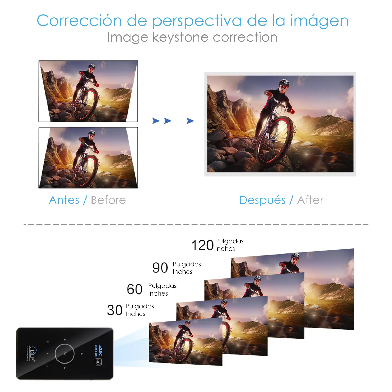 Mini video proyector LED portátil C6, DLP. Batería recargable, 30 a 120 pulgadas. Duplicación de pantalla. 854x480px. Memoria 32GB.