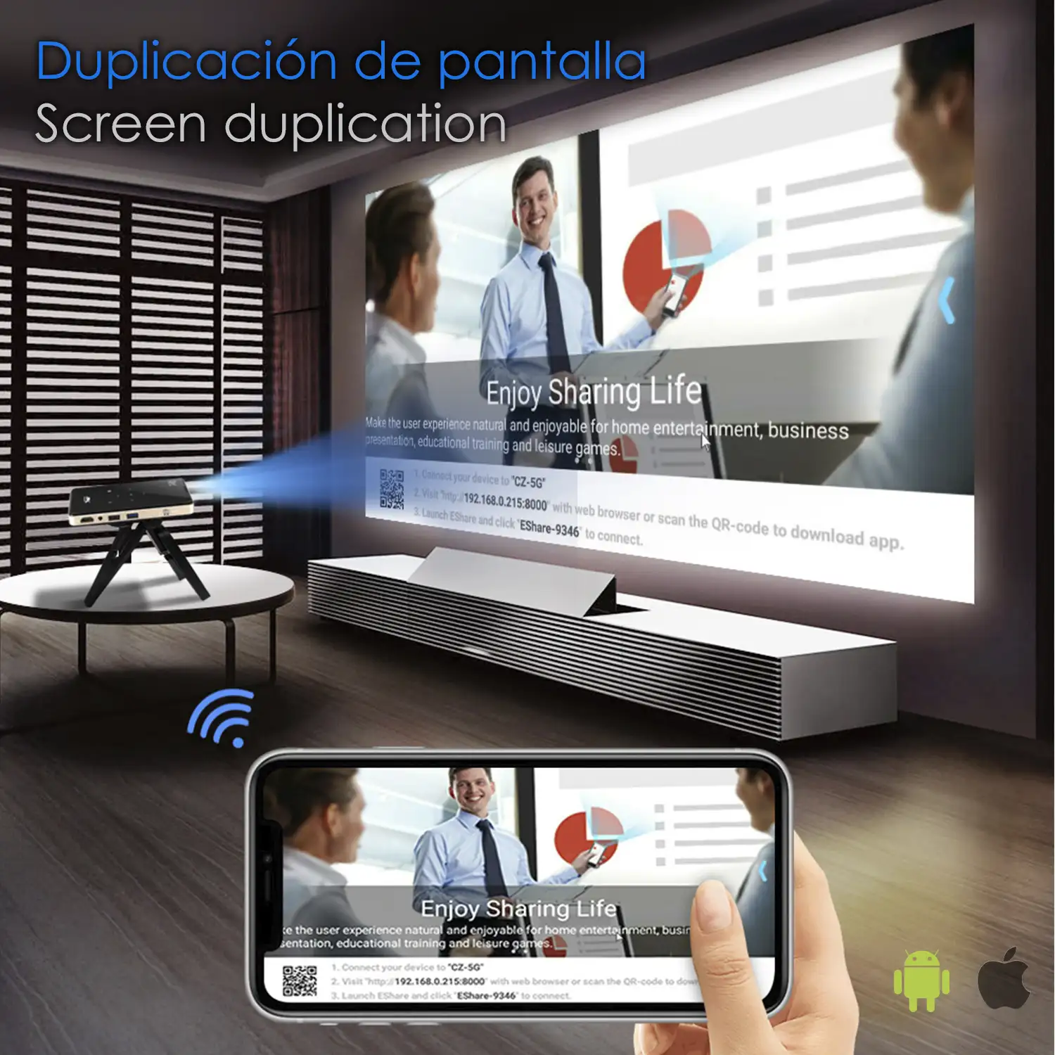 Mini video proyector LED portátil P09, DLP. Android 9.0, WiFi, panel táctil. Batería recargable. Duplicación pantalla. Netflix, Youtube, etc.