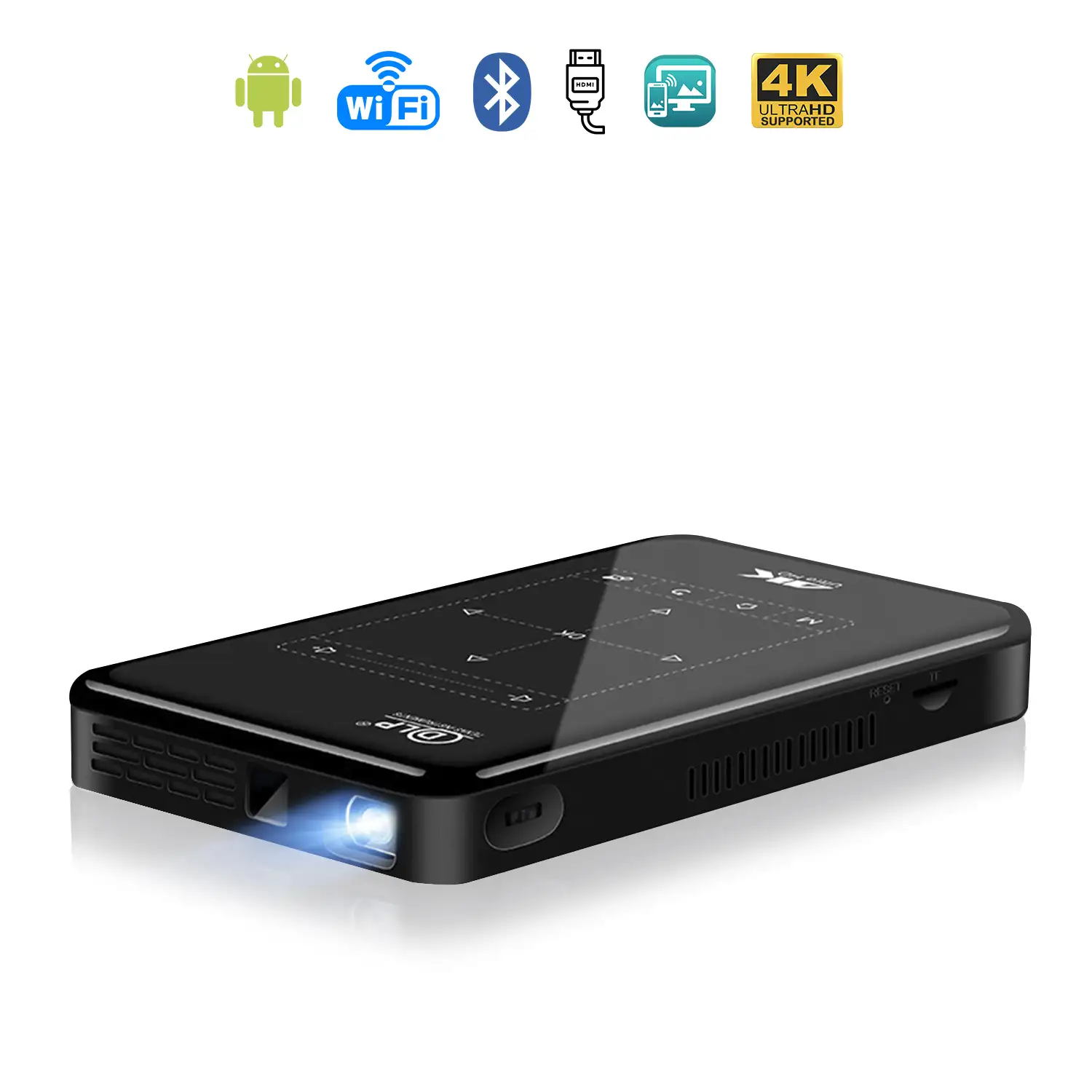 Mini video proyector LED portátil P09 II, DLP. Android 9.0, WiFi, panel táctil. Batería recargable. Duplicación pantalla. Netflix, Youtube, etc.