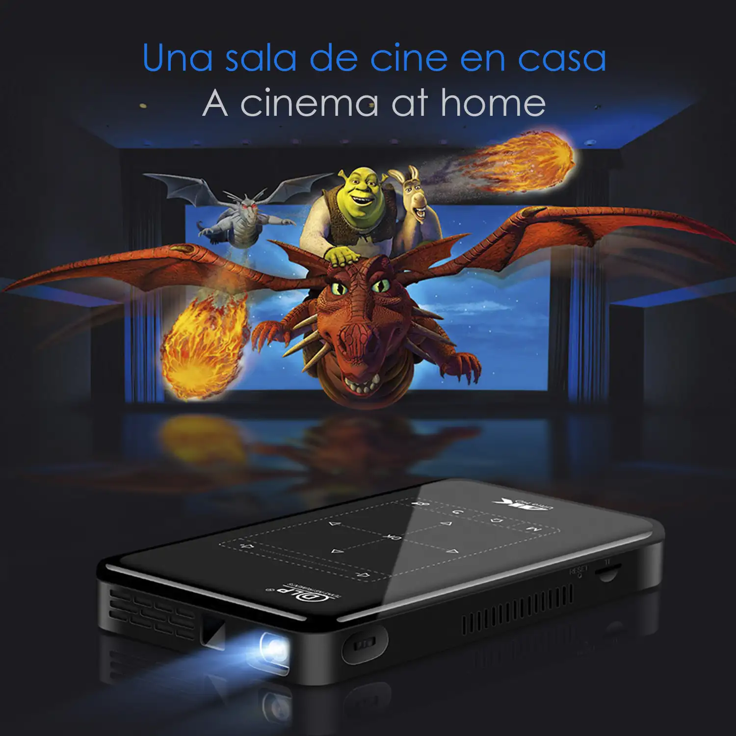 Mini video proyector LED portátil P09 II, DLP. Android 9.0, WiFi, panel táctil. Batería recargable. Duplicación pantalla. Netflix, Youtube, etc.