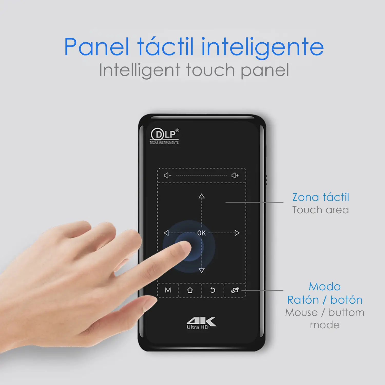 Mini video proyector LED portátil P09 II, DLP. Android 9.0, WiFi, panel táctil. Batería recargable. Duplicación pantalla. Netflix, Youtube, etc.