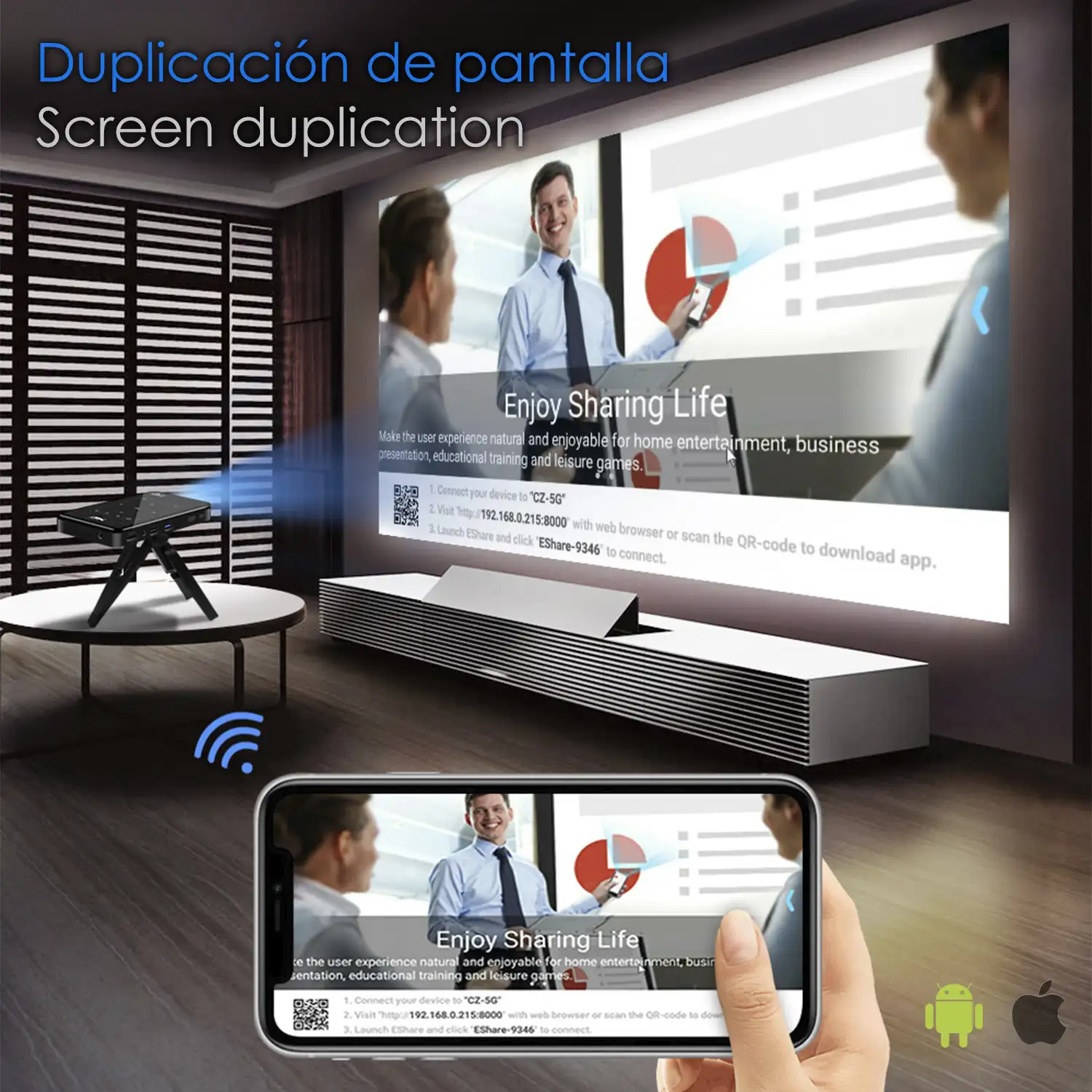 Mini video proyector LED portátil P09 II, DLP. Android 9.0, WiFi, panel táctil. Batería recargable. Duplicación pantalla. Netflix, Youtube, etc.