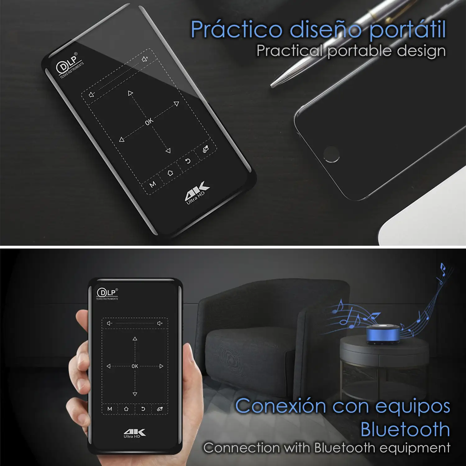 Mini video proyector LED portátil P09 II, DLP. Android 9.0, WiFi, panel táctil. Batería recargable. Duplicación pantalla. Netflix, Youtube, etc.