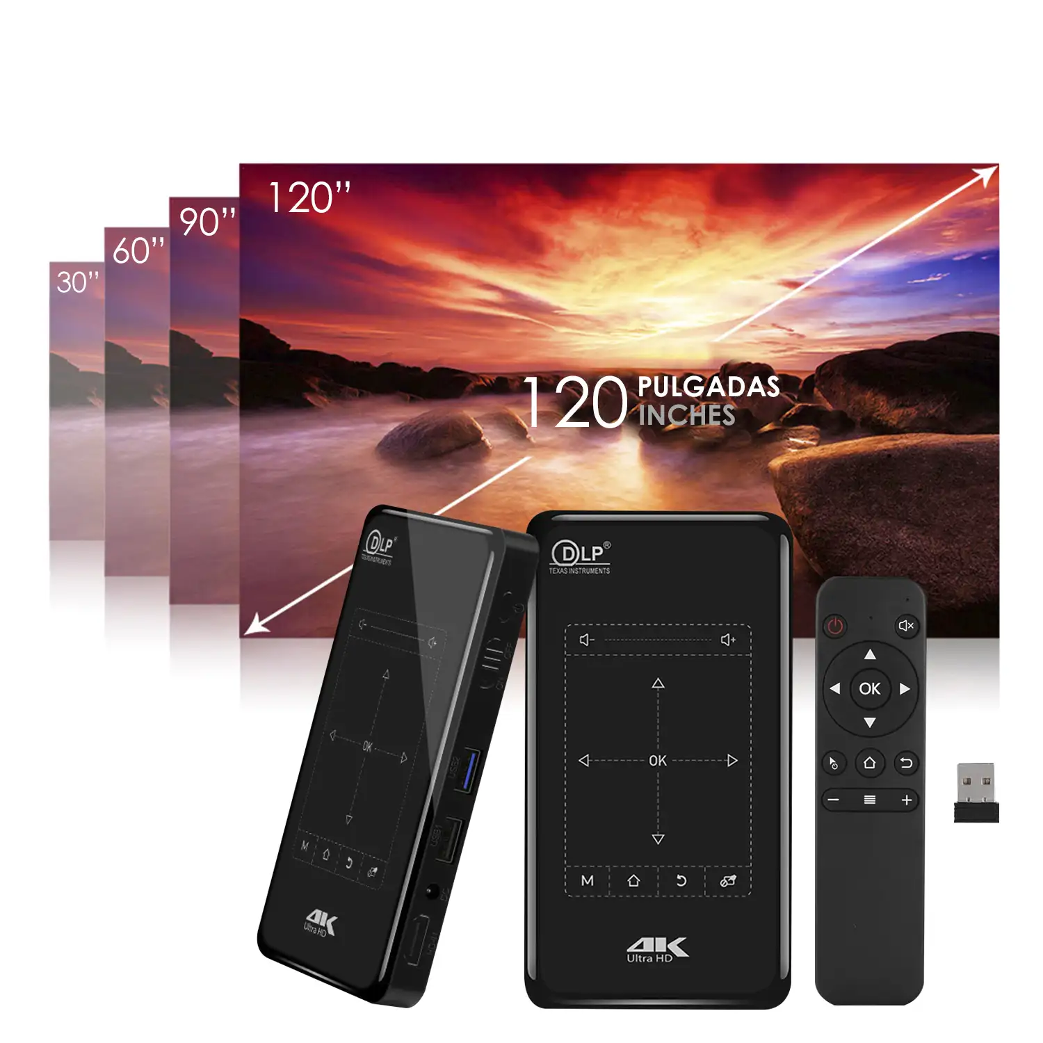 Mini video proyector LED portátil P09 II, DLP. Android 9.0, WiFi, panel táctil. Batería recargable. Duplicación pantalla. Netflix, Youtube, etc.