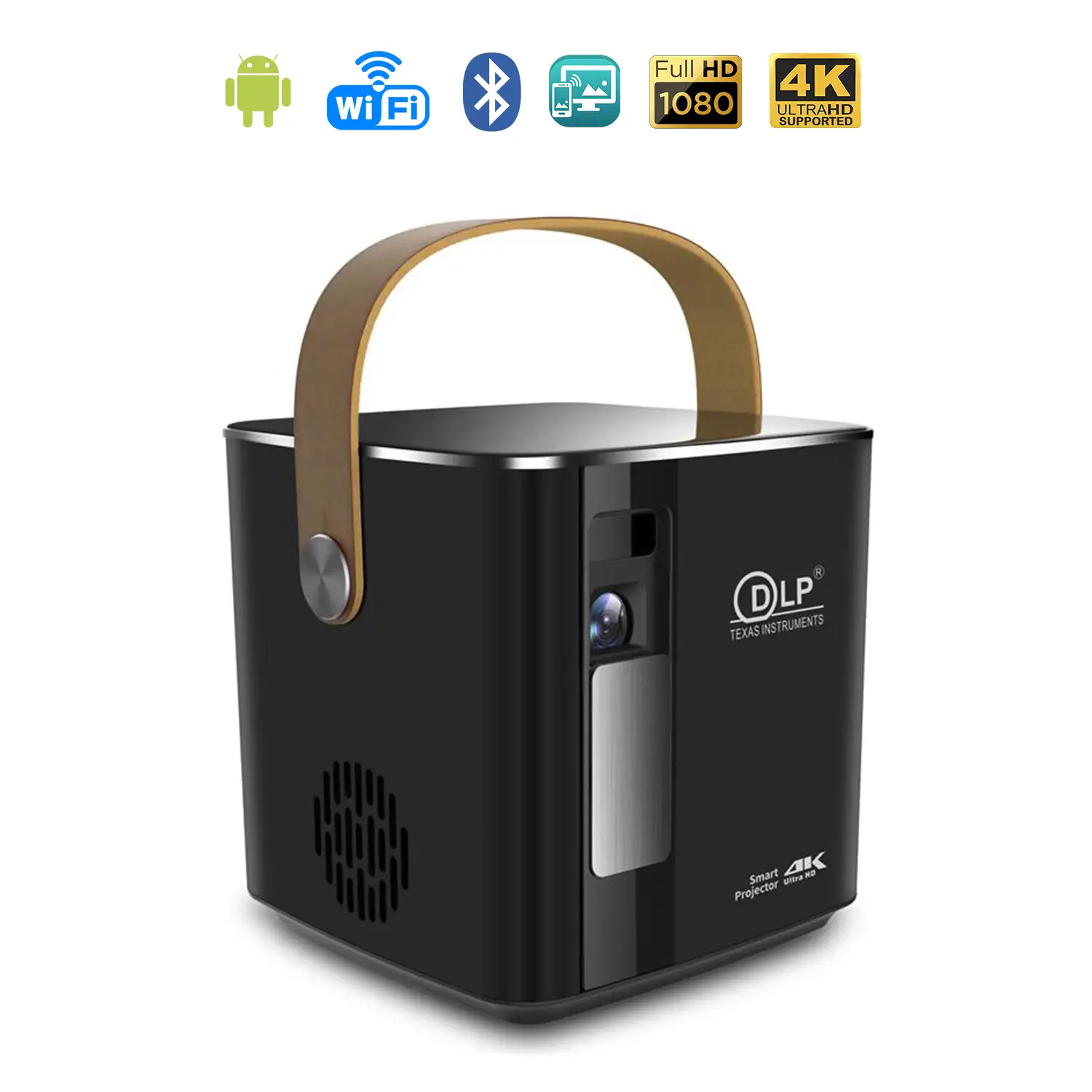 Mini video proyector LED portátil P12, DLP. Full HD 1080P. Android 9.0, WiFi. Duplicación pantalla. Batería recargable. Netflix, Youtube, etc.