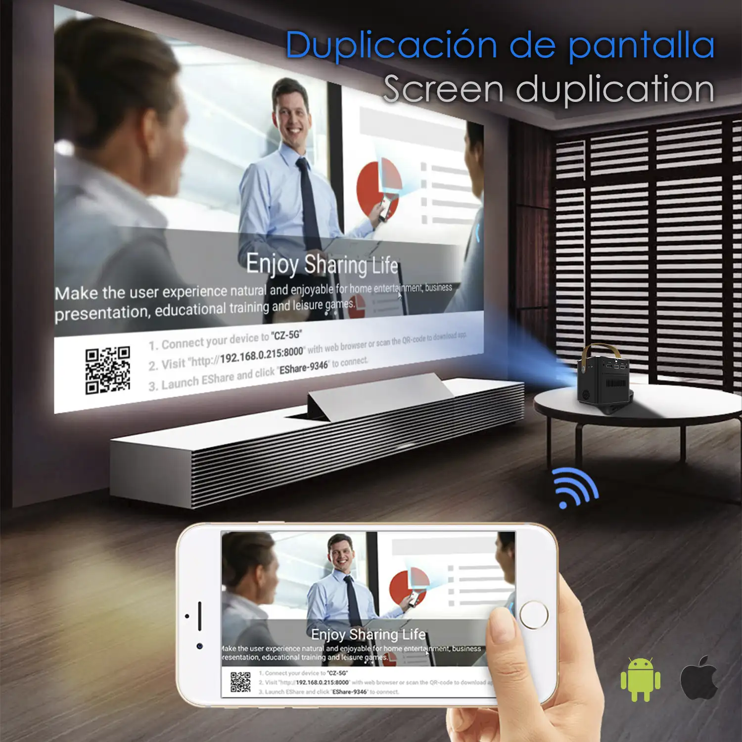 Mini video proyector LED portátil P12, DLP. Full HD 1080P. Android 9.0, WiFi. Duplicación pantalla. Batería recargable. Netflix, Youtube, etc.