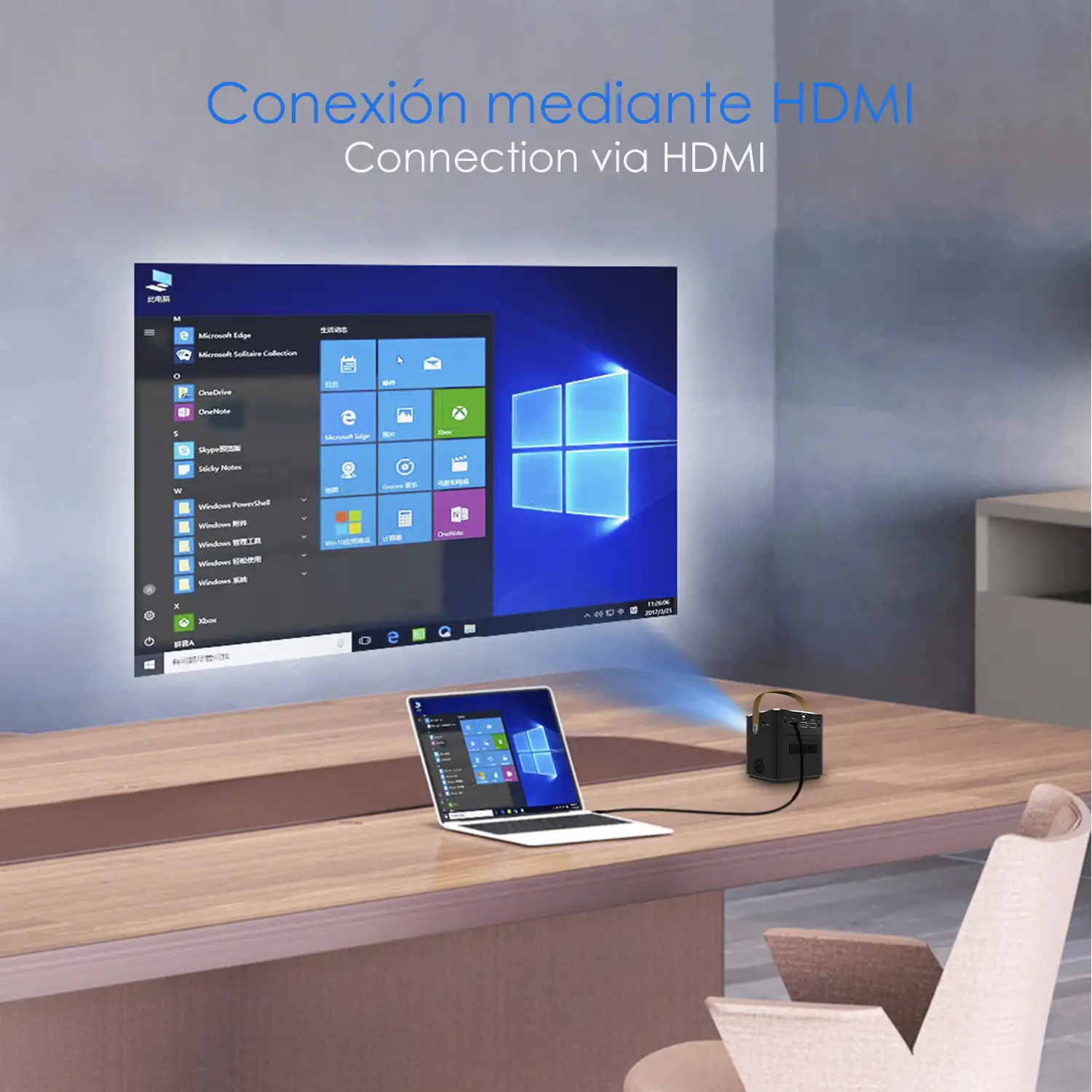 Mini video proyector LED portátil P12, DLP. Full HD 1080P. Android 9.0, WiFi. Duplicación pantalla. Batería recargable. Netflix, Youtube, etc.