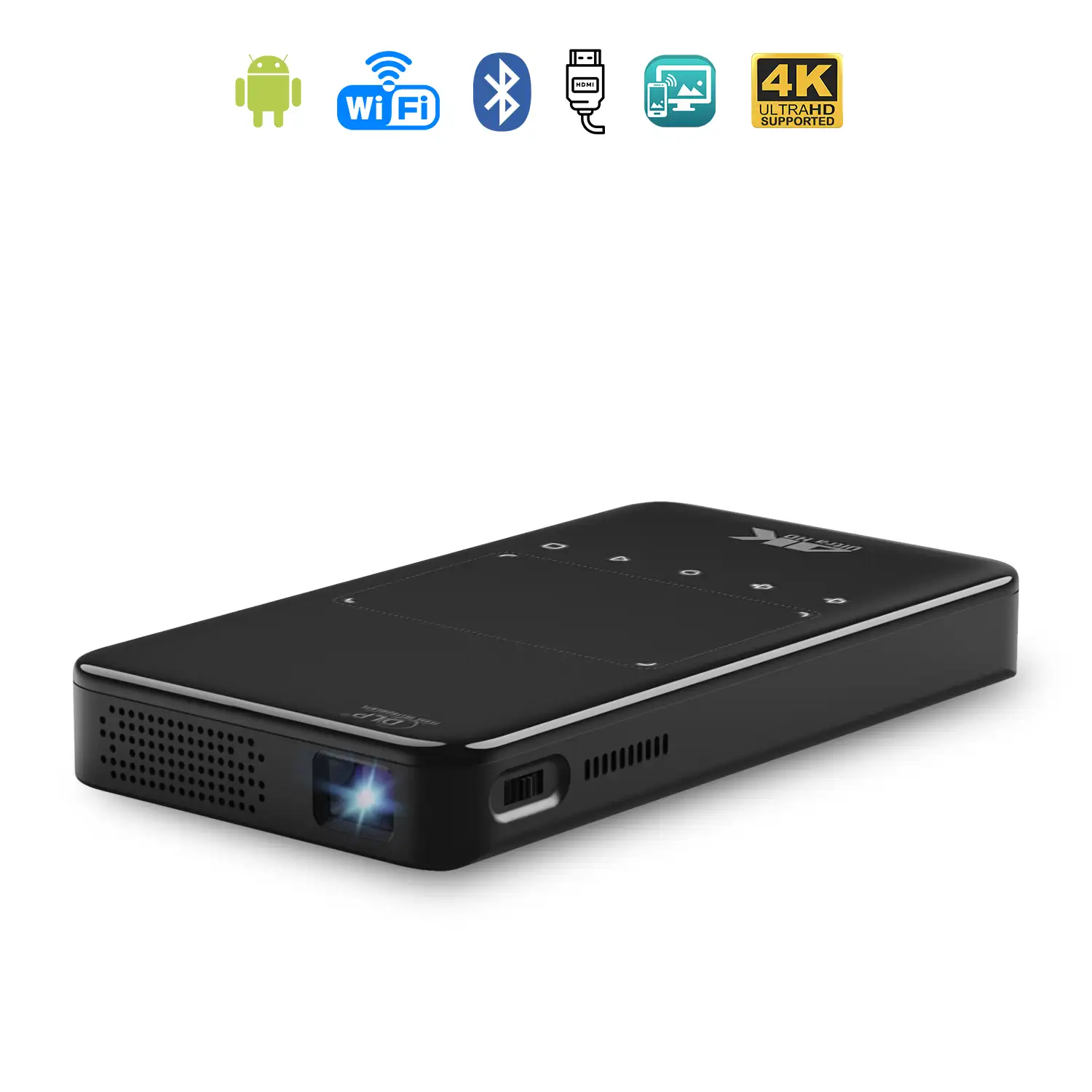 Mini video proyector LED portátil S90, DLP. Android 9.0, WiFi, panel táctil. Batería recargable. Duplicación pantalla. Netflix, Youtube, etc.