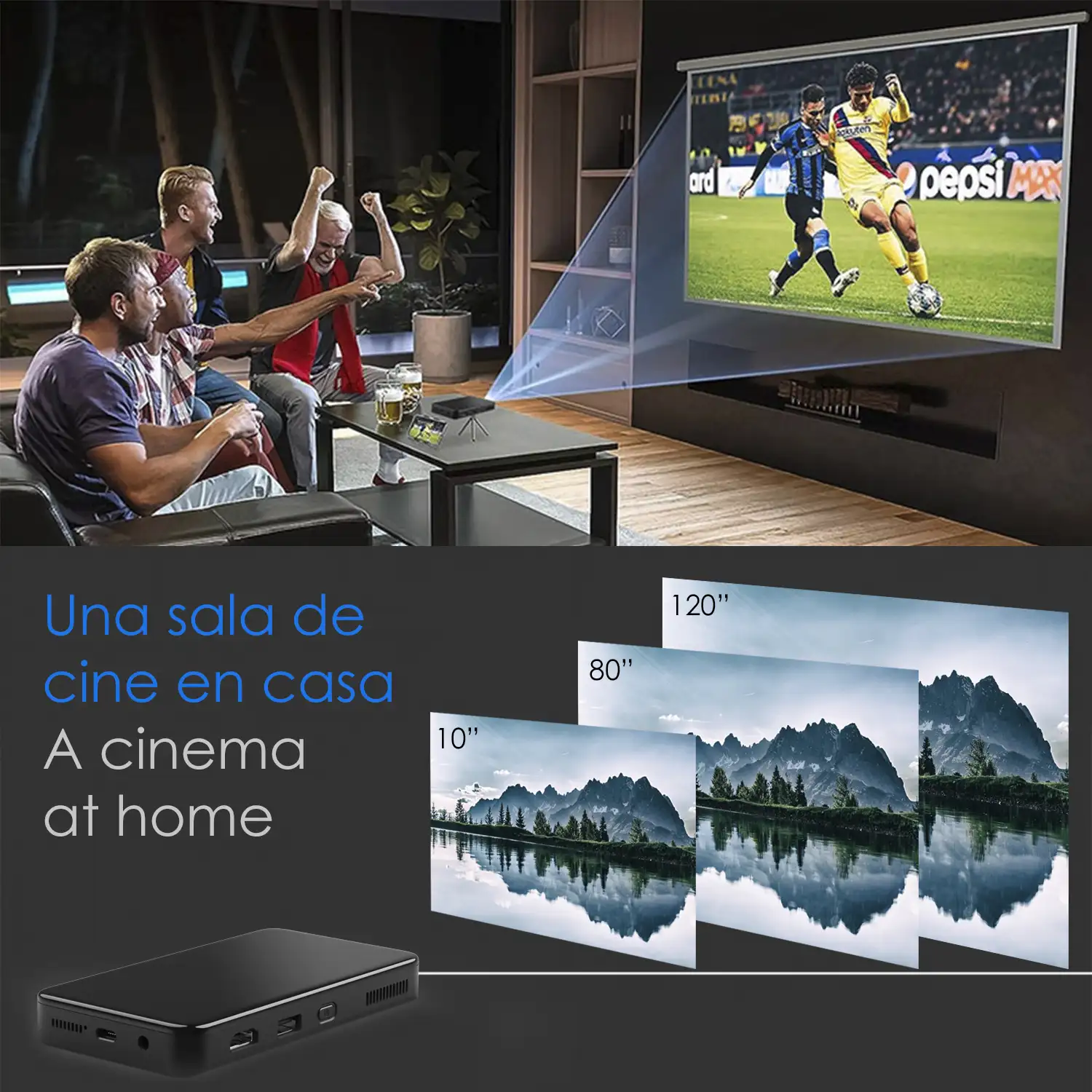 Mini video proyector LED portátil S90, DLP. Android 9.0, WiFi, panel táctil. Batería recargable. Duplicación pantalla. Netflix, Youtube, etc.