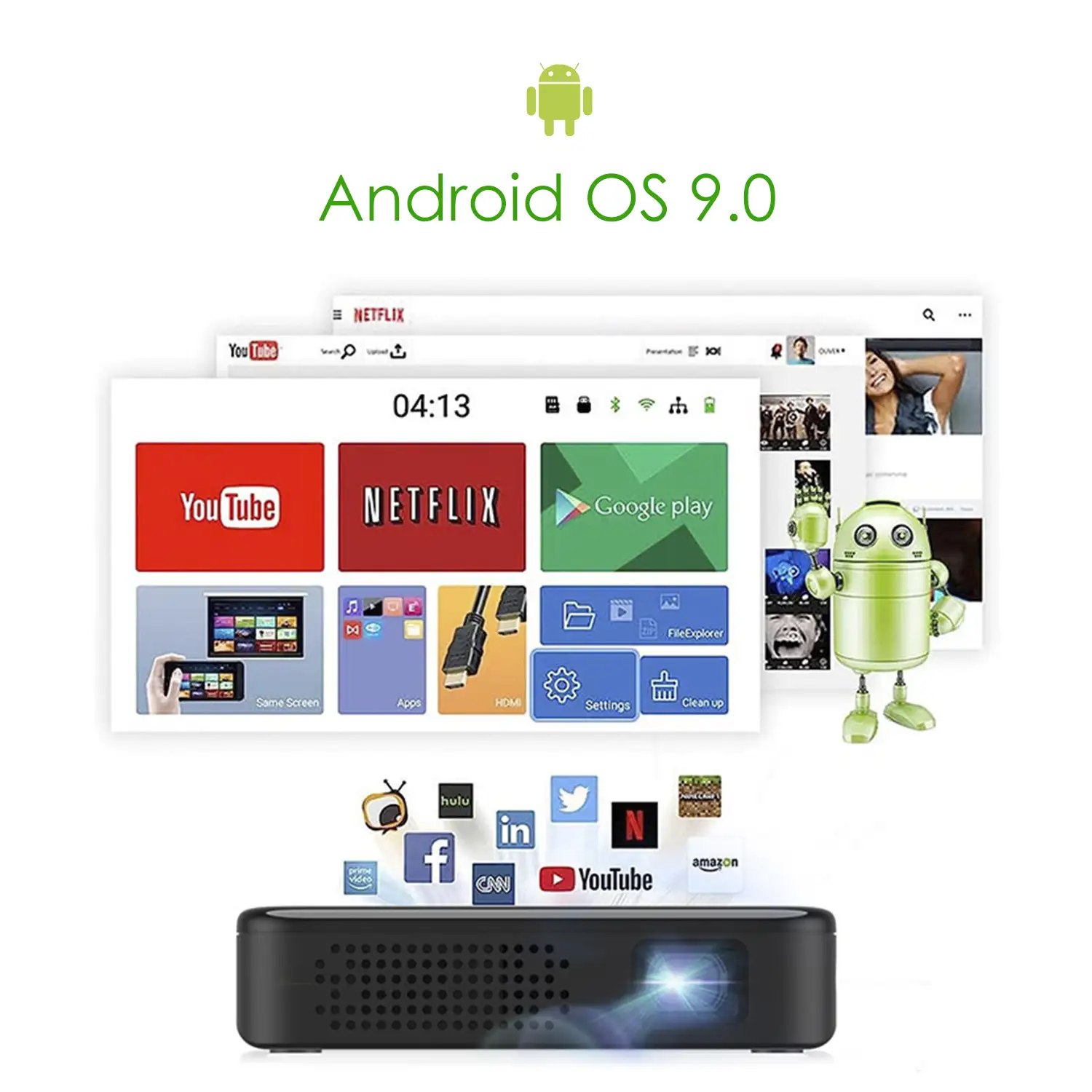 Mini video proyector LED portátil S90, DLP. Android 9.0, WiFi, panel táctil. Batería recargable. Duplicación pantalla. Netflix, Youtube, etc.