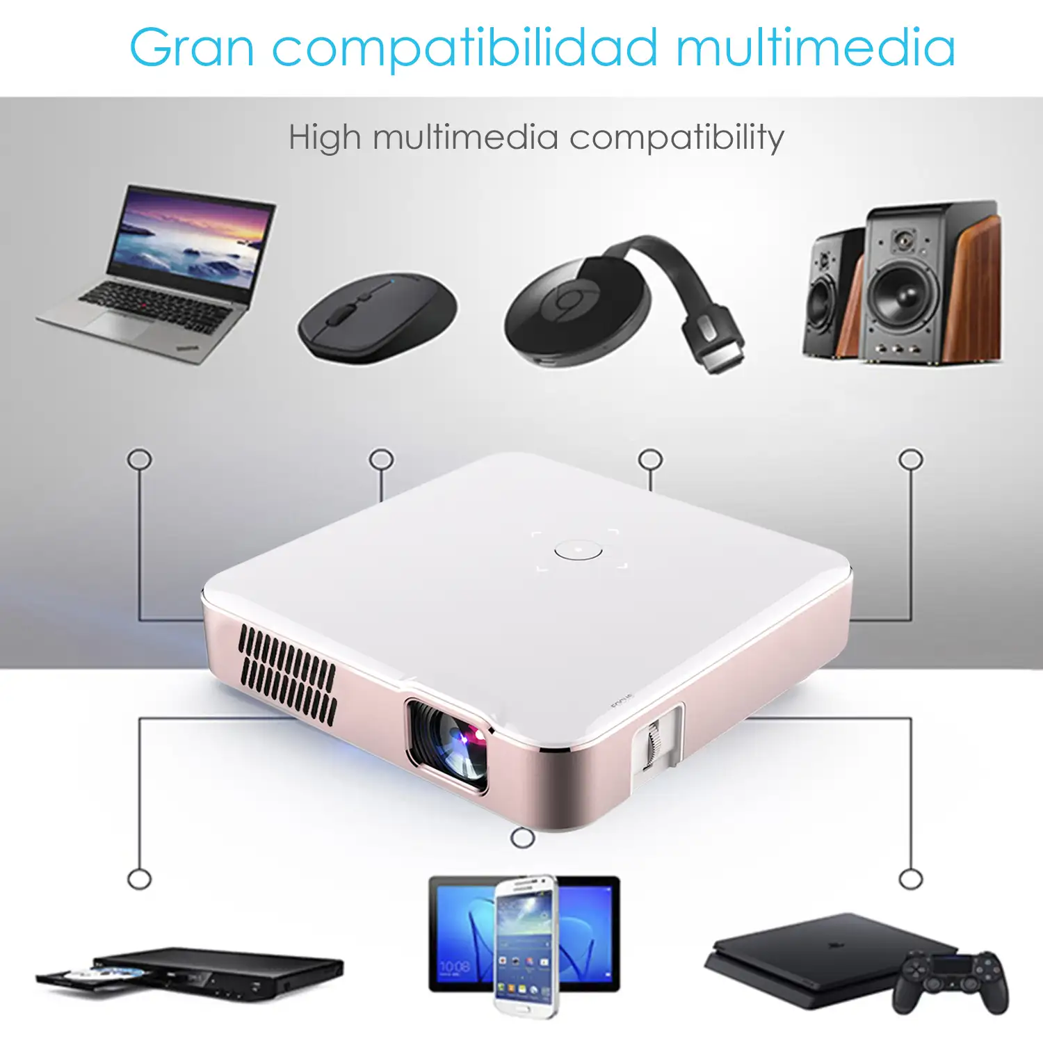 Mini video proyector LED portátil S280, DLP. HD 720P. Android 9.0, WiFi, panel táctil. Batería recargable. Duplicación pantalla. Netflix, Youtube, etc.